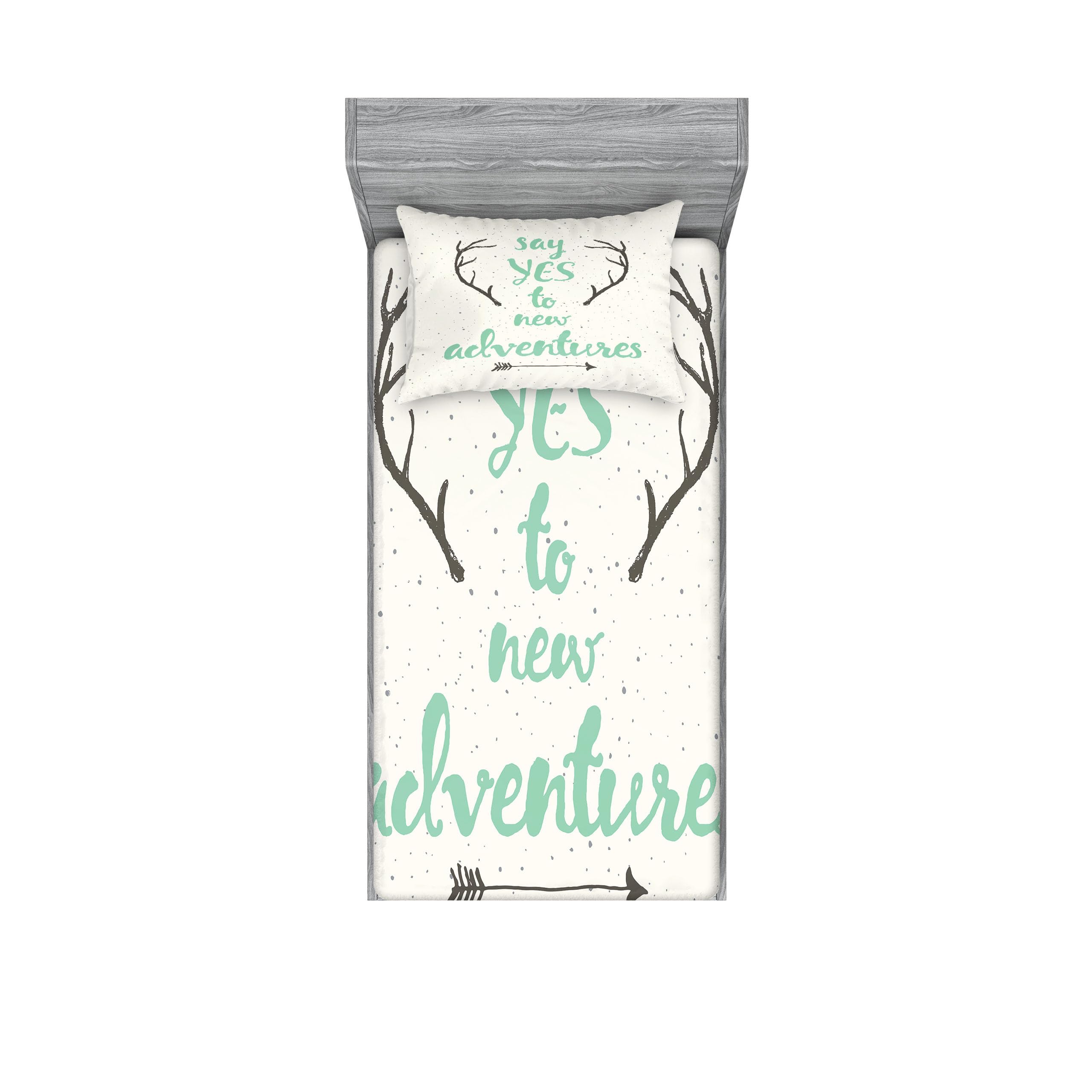 Ambesonne Adventure Fitted Sheet & Pillow Sham Set - Calligraphic Deer Antlers & Arrows on Grunge Dotted Background, Decorative Printed 2-Piece Twin Bedding Set in Charcoal Grey & Sea Green | Perfect for Hunting Lodge, Cabin Decor & Outdoor-Themed Bedrooms