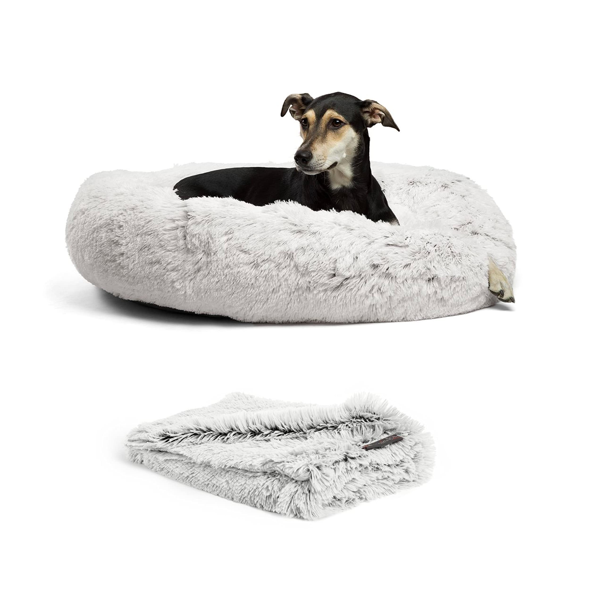 Best Friends by Sheri Bundle Set - Original Calming Shag Donut Cuddler Pet Bed & Throw Blanket for Cats & Dogs (Frost, Large 36x36) - Cozy Sleeping & Cuddling Solution for Pets