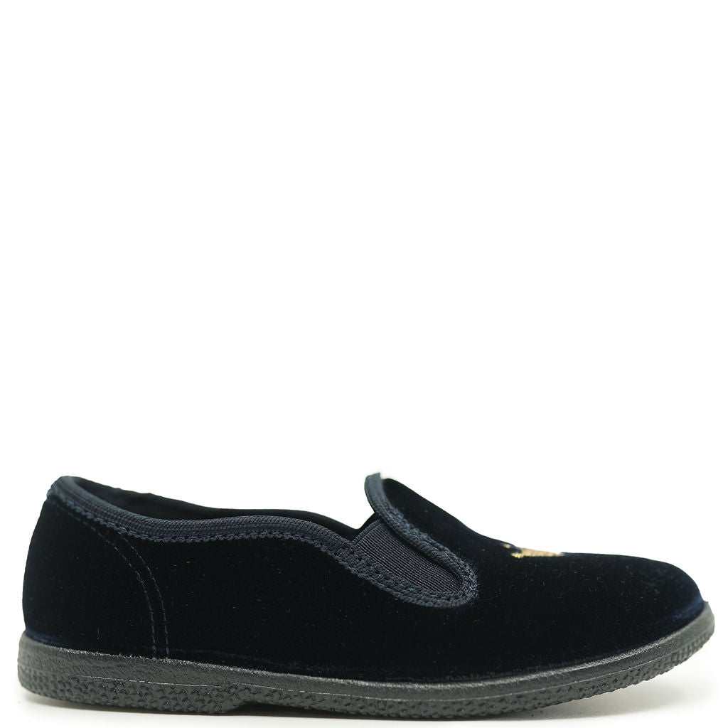 Pepe Navy Blue Velvet Slip-On Shoes with Embroidered Crown - Comfortable Loafers for Men & Women, Perfect for Casual Wear, Parties, and Home Comfort