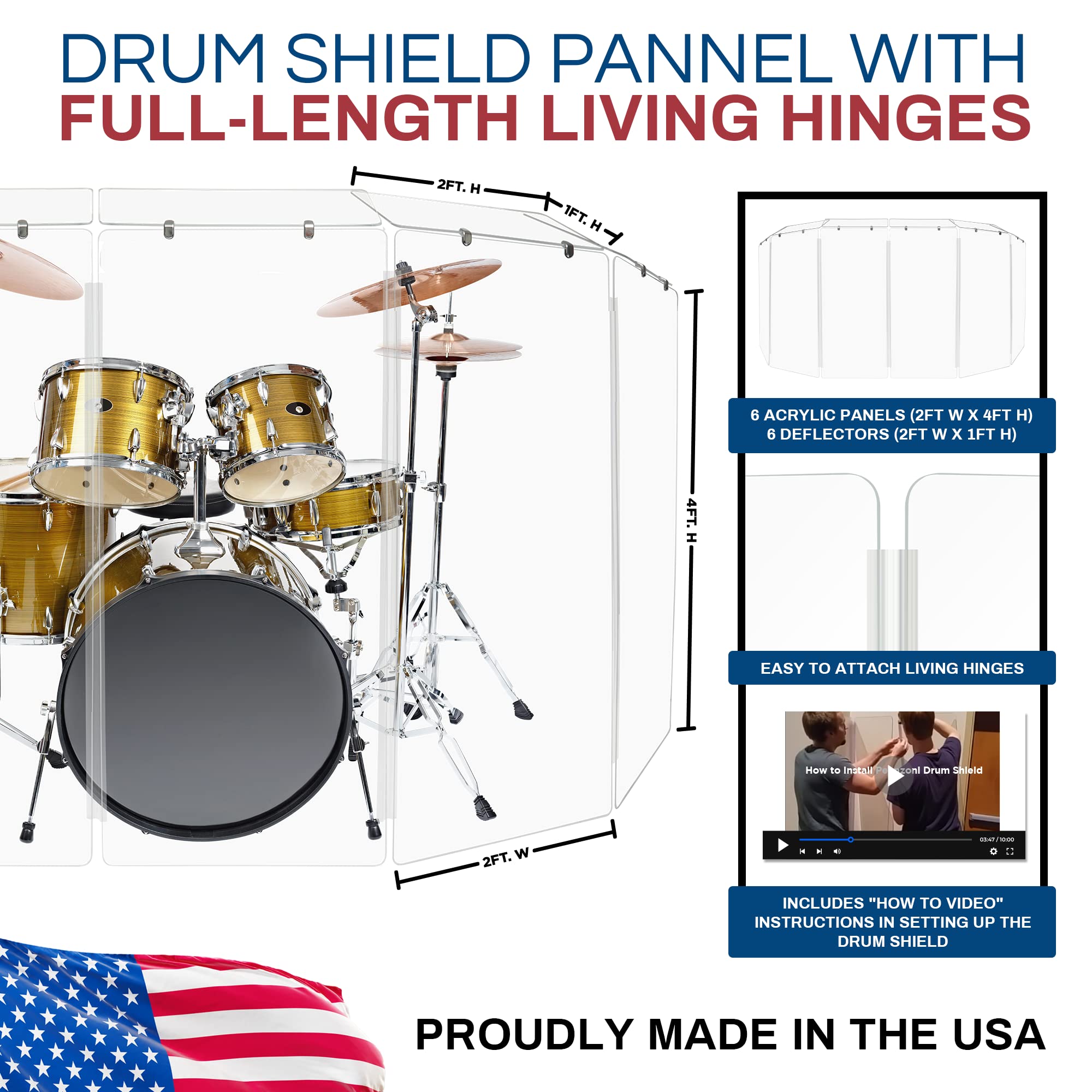 4ft Drum Shield with Deflectors & Plastic Hinges - 5 Clear Acrylic Drum Panels Included | Noise Reduction for Drum Practice, Studio Recording & Live Performances