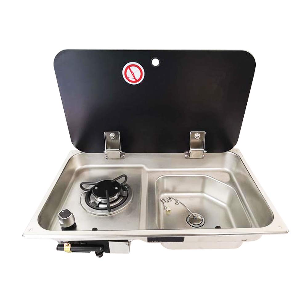 Portable 1-Burner LPG Gas Camping Stove with Glass Lid & Sink Combo - Compact RV Cooktop for Motorhome, Boat, Caravan & Outdoor Adventures (21