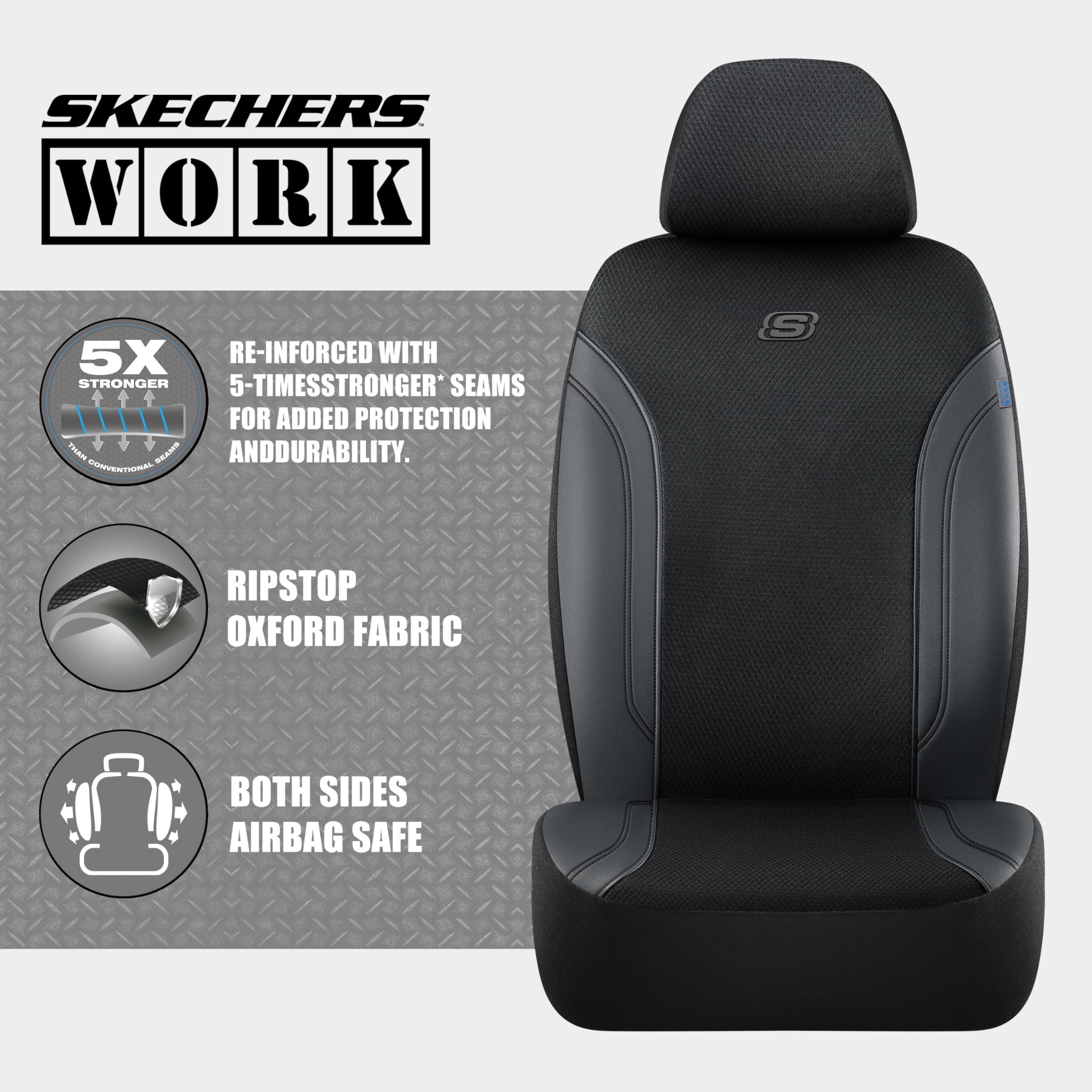 Skechers Work Car Seat Covers - Premium Leather & Oxford Fabric Auto Seat Protectors (Black Full Set) | 5X Stronger Webbing, Airbag Safe | Universal Fit for Cars, Trucks & SUVs | Perfect for Work Commutes, Road Trips & Family Protection