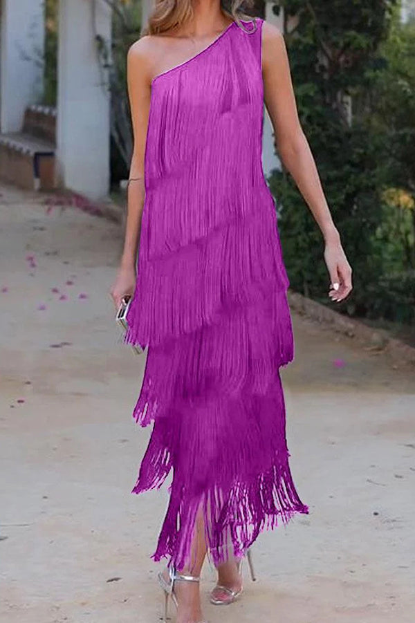 Elegant Fringed One Shoulder Asymmetric Midi Dress for Women - Boho Chic Party, Cocktail & Evening Wear - Perfect for Weddings, Date Nights & Special Occasions