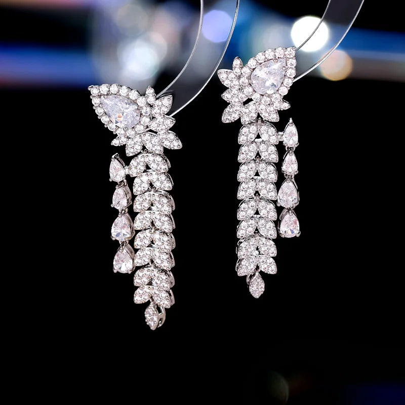 Sparkling Cubic Zirconia Wheat Tassel Earrings - Elegant Bridal Jewelry for Weddings, Banquets & Formal Events - Perfect Wedding Accessories & Evening Dress Jewelry