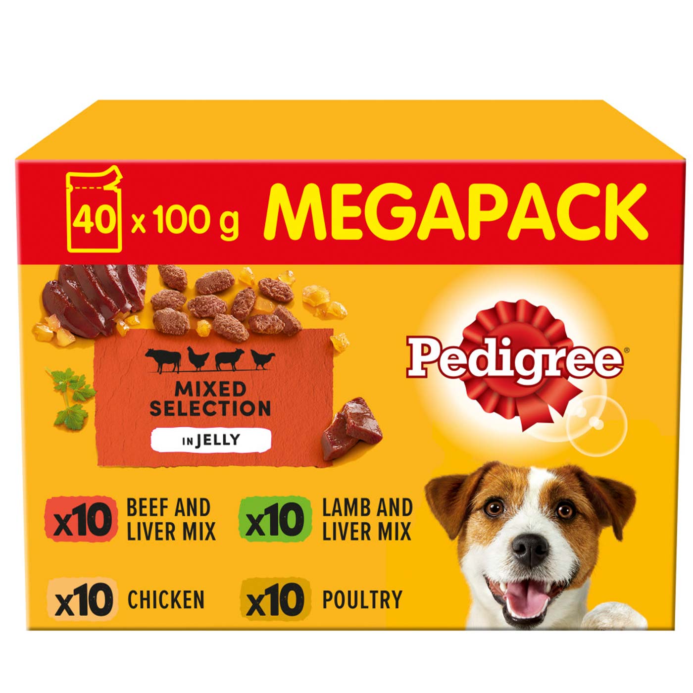 Pedigree Adult Wet Dog Food Pouches - Mixed Flavors in Jelly, Mega Pack 40x100g | High Protein Meal for Medium & Large Breed Dogs | Perfect for Travel, Hiking & Daily Feeding