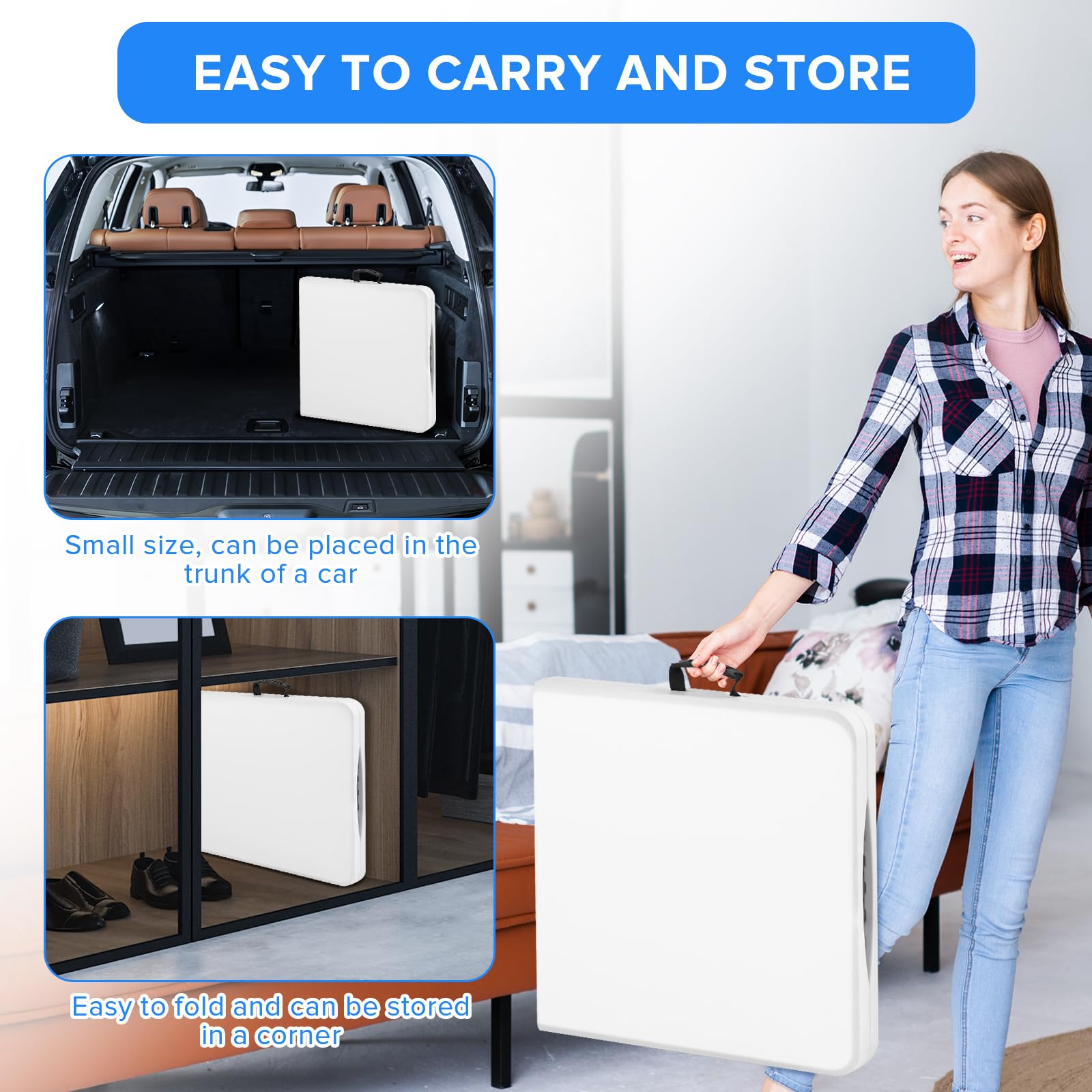 4ft Small Folding Table - Portable Plastic Fold-in-Half Card Table with Adjustable Height - Perfect for Picnics, Camping, Parties & Indoor/Outdoor Use - White