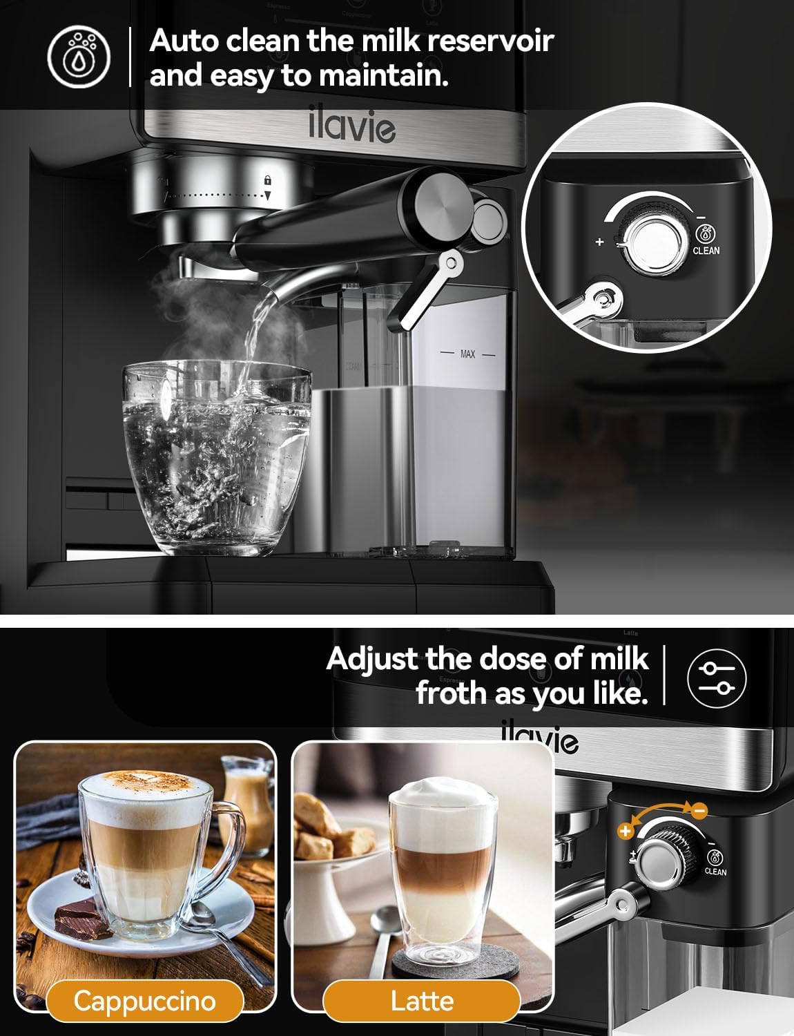 Premium Espresso Machine for Cappuccino & Latte - 20 Bar High Pressure Coffee Maker with Auto Milk Frother & Detachable Milk Reservoir - Perfect for Home Baristas & Coffee Lovers (Ideal for Breakfast, Office Use & Entertaining Guests)