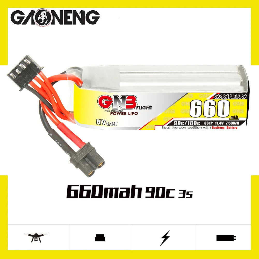 GNB 660mAh 11.4V 3S 90C High Voltage Lipo Battery with XT60 Connector (2-Pack) - Perfect for RC Drones, Airplanes, and FPV Racing