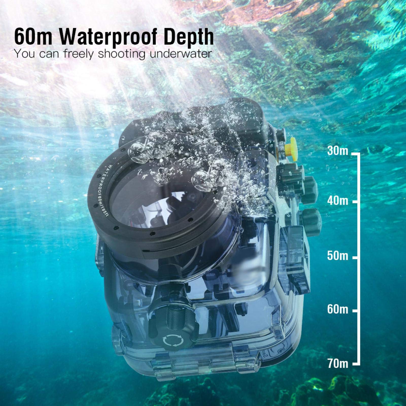 **60m/195ft Waterproof Underwater Camera Housing Case for Sony A6000/A6300/A6500 – Diving, Snorkeling & Action Sports Protection with Cold Shoe Mount**