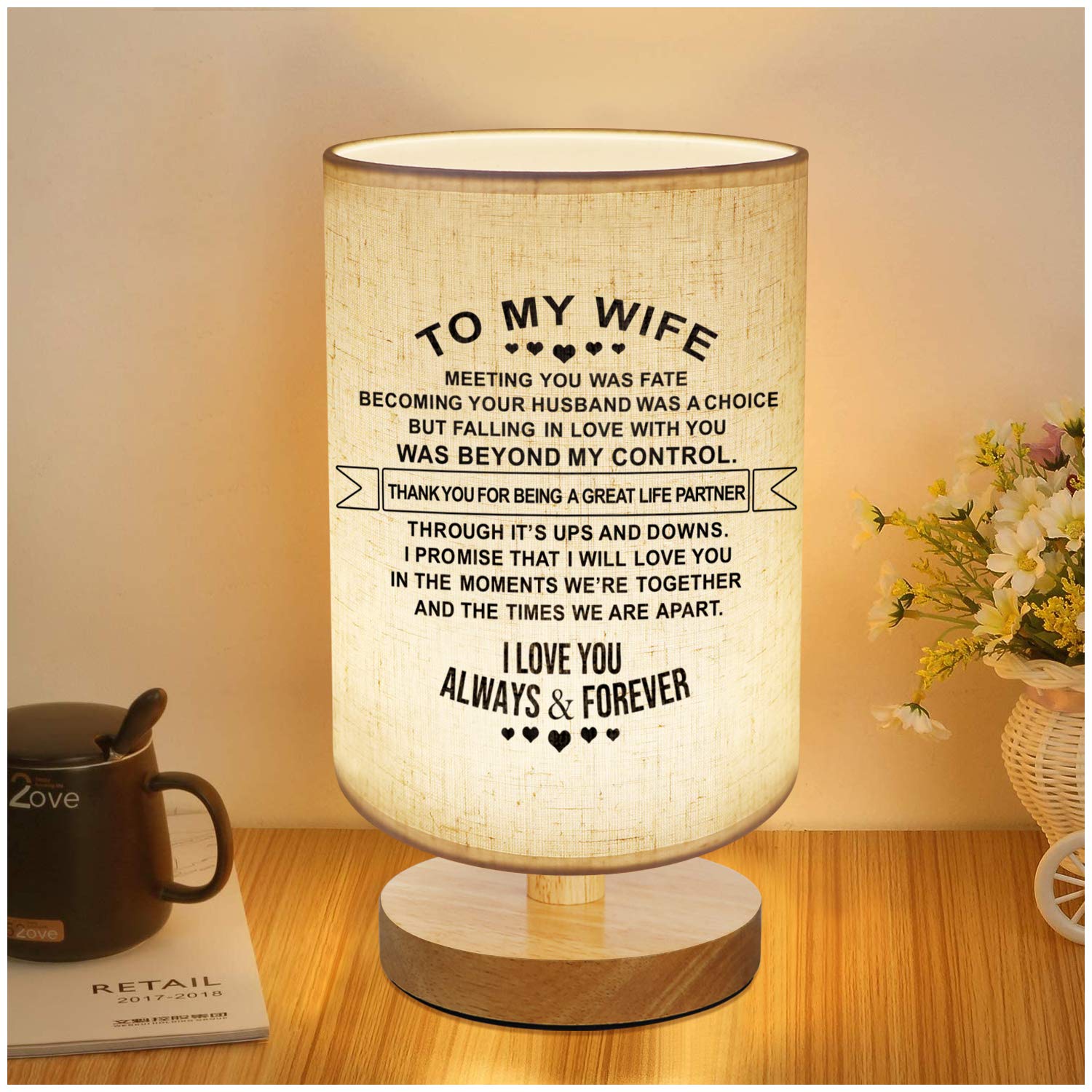 **Personalized Engraved Table Lamp - Dimmable Bedside Nightstand Lamp with Fabric Shade, Perfect for Bedroom, Living Room & Office - Best Anniversary & Birthday Gift for Wife (Husband to Wife Gift Idea)**