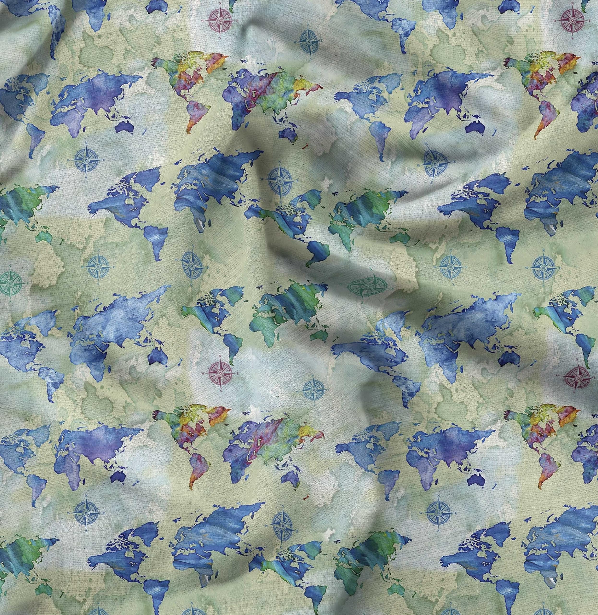 Soimoi 100% Cotton Voile Fabric - Green Nautical Compass & World Map Print - 56