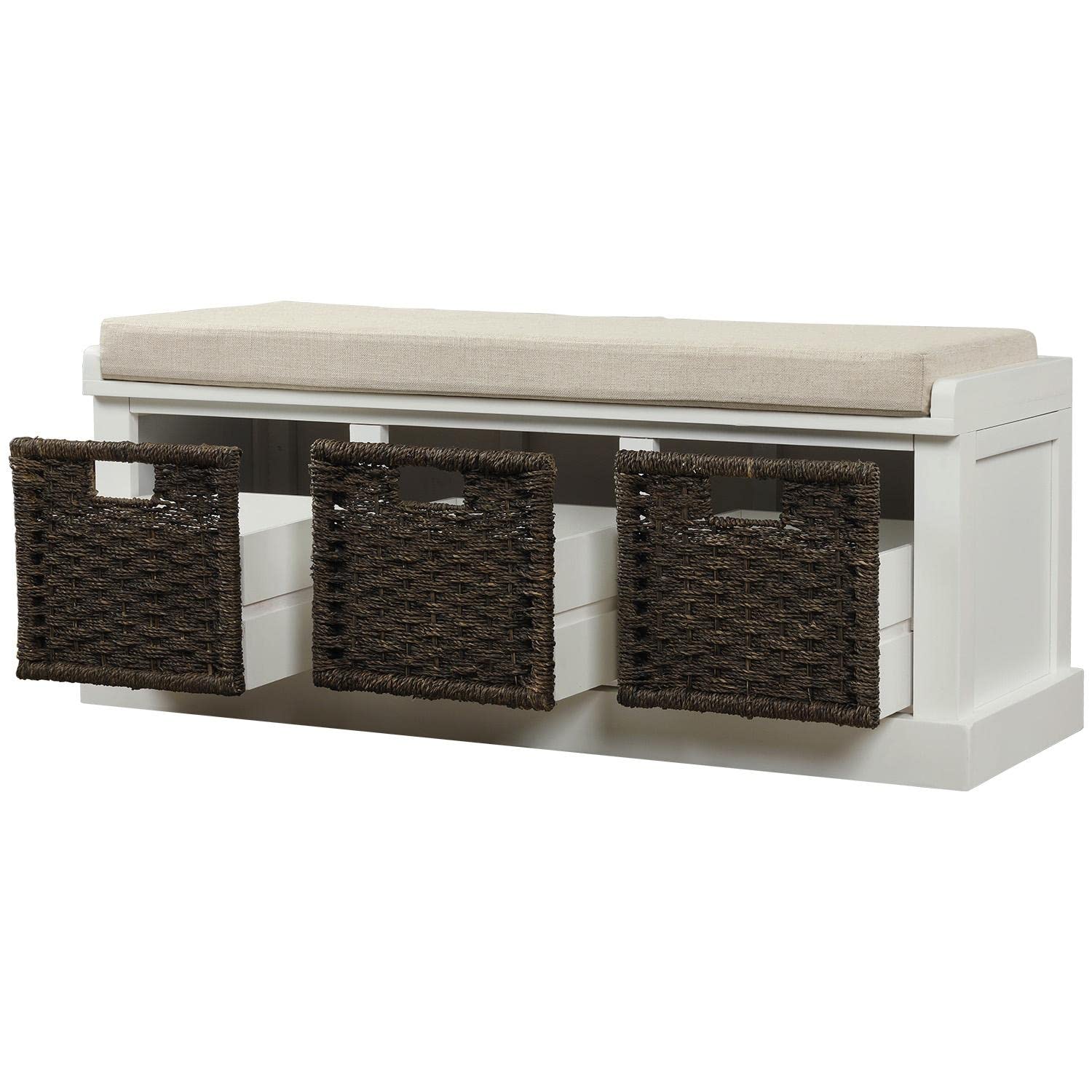 JINS&VICO White Entryway Storage Bench with 3 Rattan Baskets & Removable Cushion - Multifunctional Shoe Bench, Footrest, and Entryway Organizer for Hallway, Living Room, or Bedroom