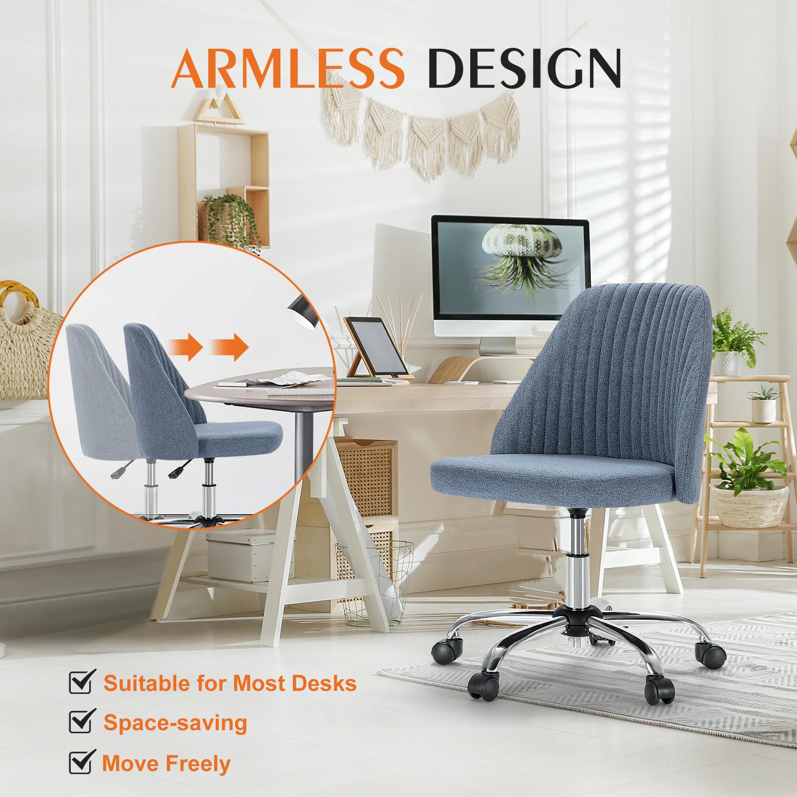 Sweetcrispy Armless Office Chair - Modern Fabric Ergonomic Desk Chair with Wheels, Adjustable Height Swivel Task Chair for Home Office, Computer Work & Small Spaces | Perfect for Compact Workspaces, Gaming & Vanity Areas