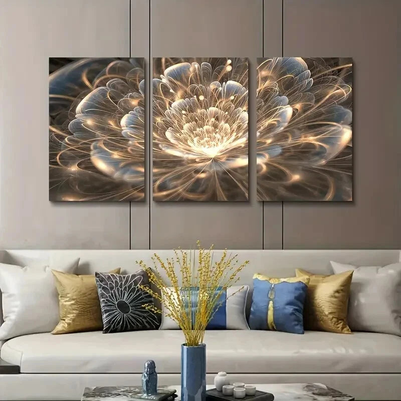 3-Piece Golden Lotus Floral Metal Wall Art - Ready to Hang Canvas Prints for Living Room, Bedroom & Office Decor
