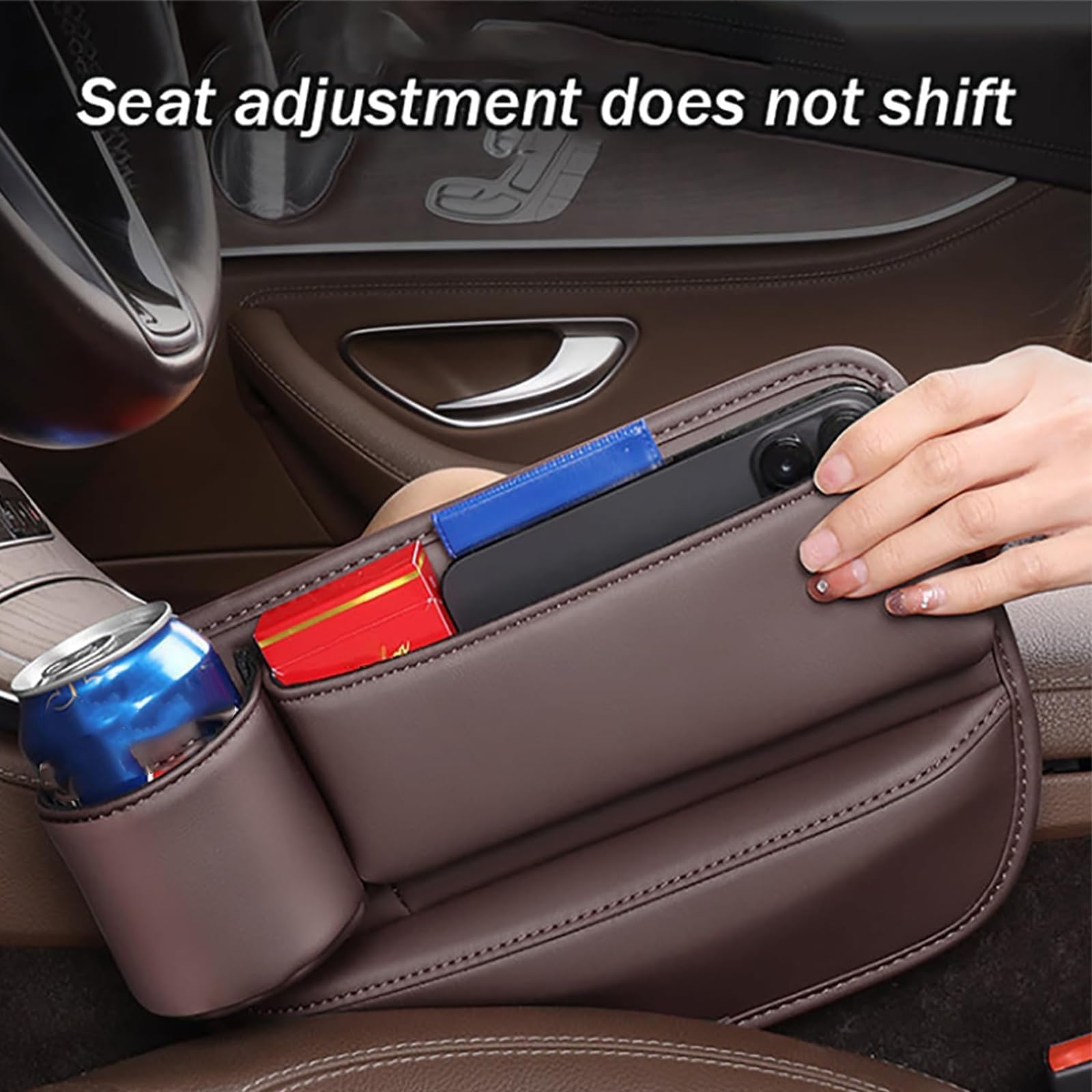 Premium Leather Car Seat Gap Organizer - Universal Cup Holder Storage Bag with Water Bottle Holder, No Logo Design for Cars, SUVs & Trucks | Perfect for Road Trips, Commuting & Daily Driving Accessories