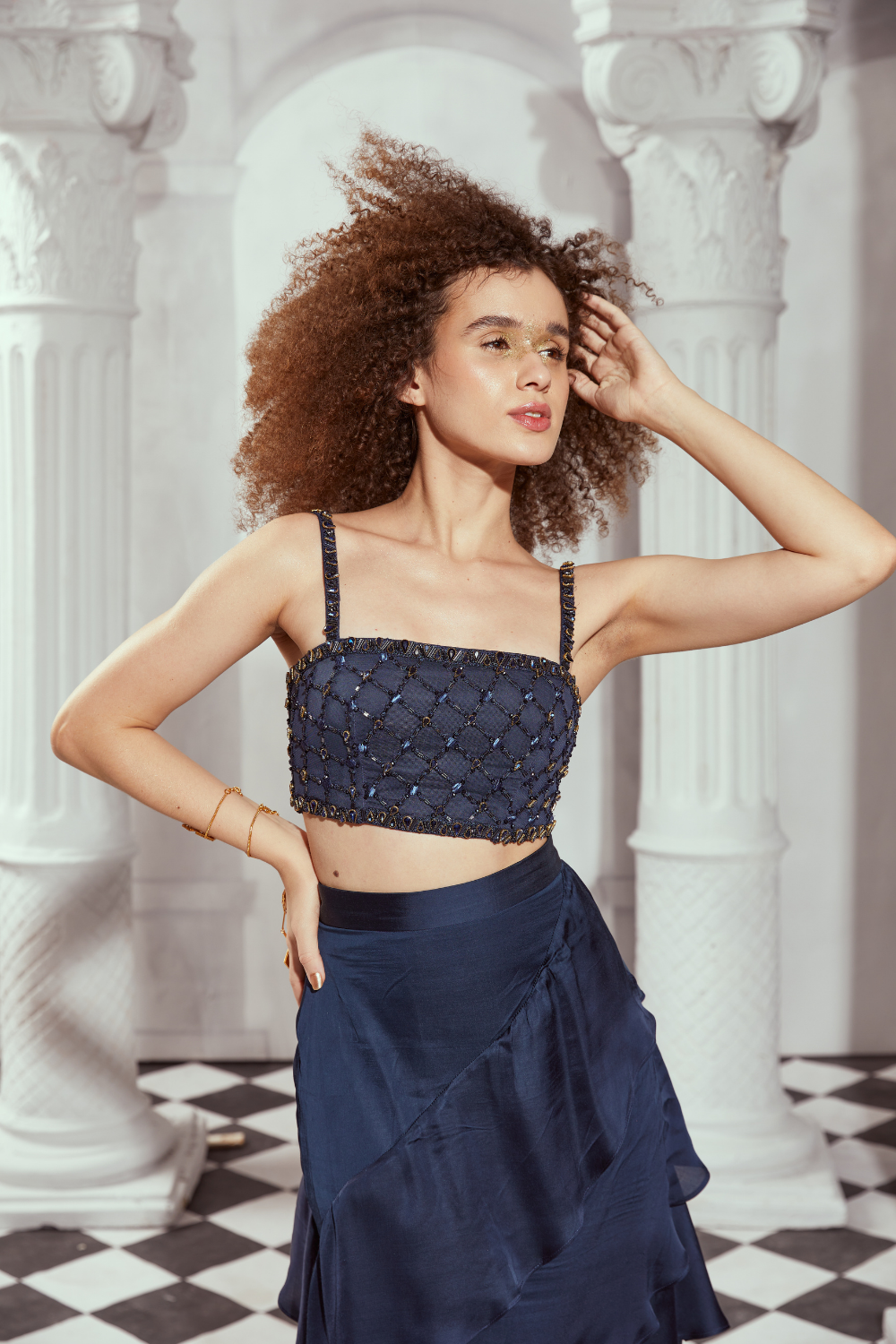 Elegant Navy Blue Embellished Top with Stone Details - Perfect for Casual Outings, Parties, and Special Occasions