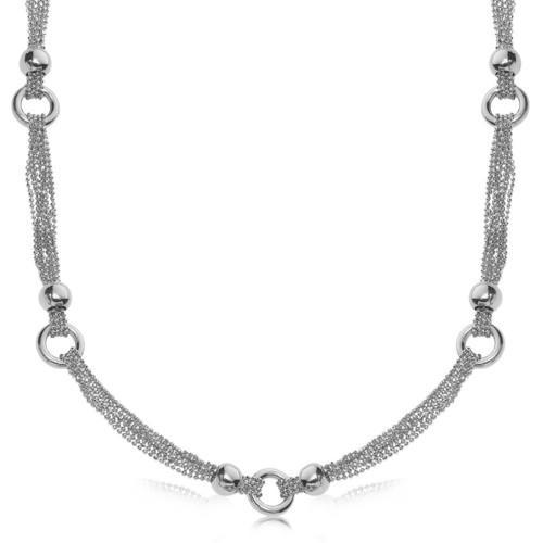Rhodium Plated Sterling Silver Multi Strand Beaded Chain Necklace with Ring Charms - 18 Inch Length for Women, Perfect for Parties, Weddings & Everyday Elegance