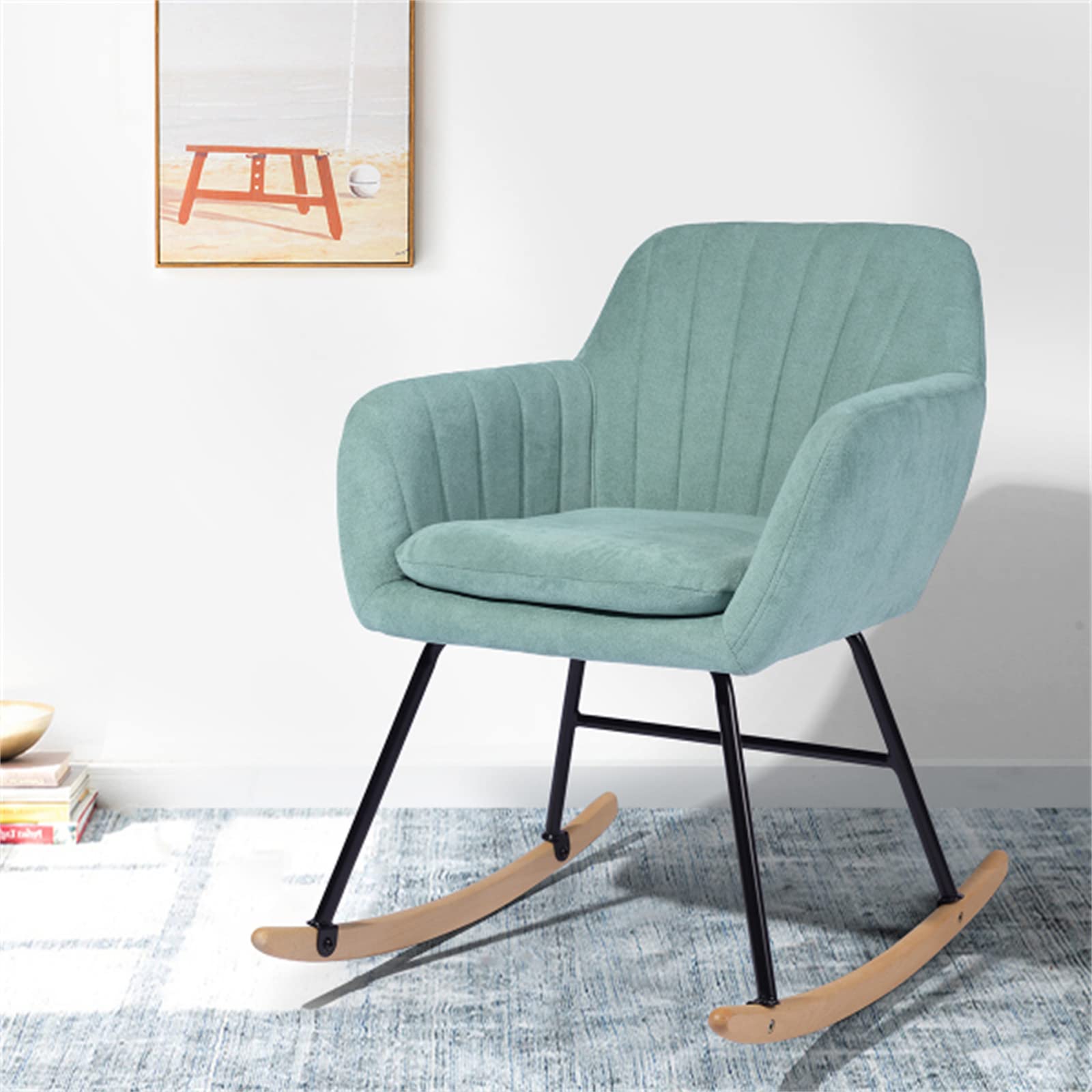 Modern Rocking Chair Armchair - Small Comfortable Upholstered Nursery Rocker with Wood Base, Green Fabric Accent Chair for Relaxing & Napping - Perfect for Living Rooms, Nurseries, Small Spaces & Cozy Corners
