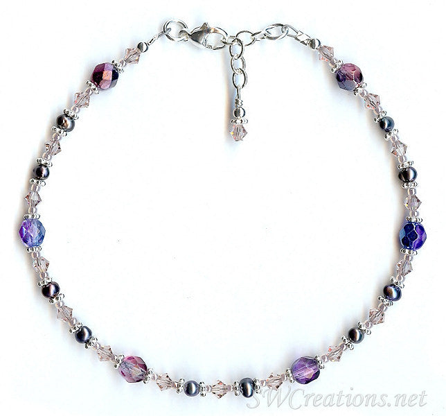 Vintage Rose Mauve Pearl Crystal Anklet - Elegant Adjustable Ankle Bracelet for Women, Boho Chic Jewelry for Summer, Beach, Wedding & Party Accessories