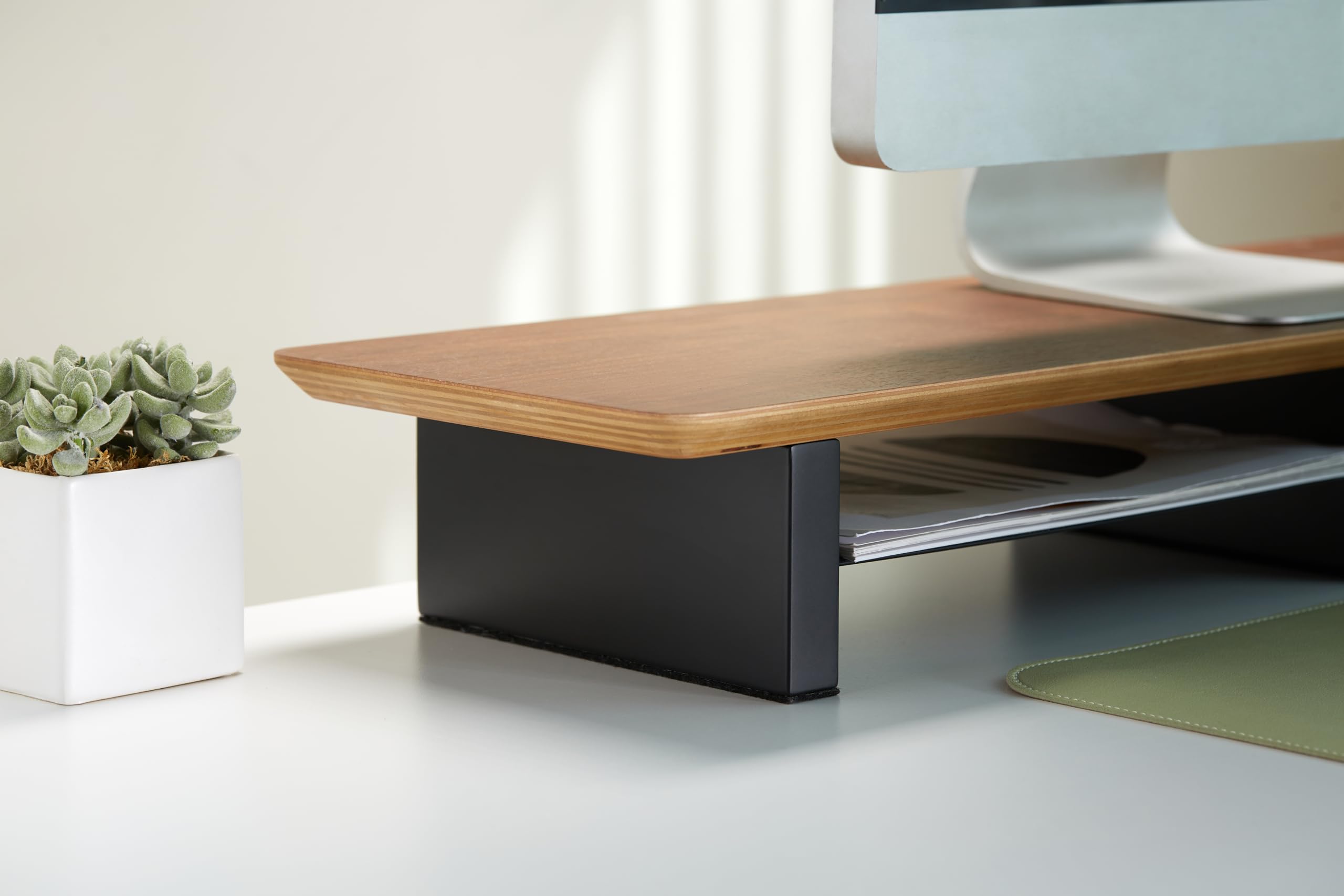 XL 44 Inch Walnut Wood Monitor Stand for Desk - Large Dual Monitor Riser with Desk Shelf, Solid Wood Computer Monitor Stand for Home & Office Workspace