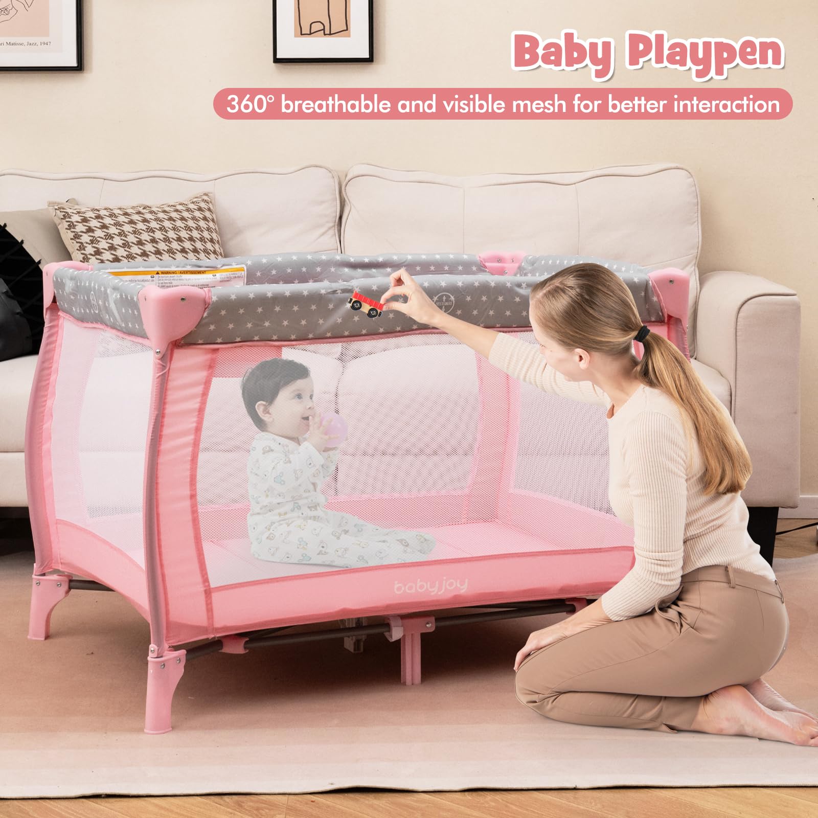 **BABY JOY 3-in-1 Portable Pack and Play with Bassinet & Changing Table - Convertible Travel Crib Playard with Brake Wheels, Newborn Napper & Large Storage Shelf - Includes Oxford Carry Bag - Perfect for Nursery, Travel & On-the-Go Parenting**