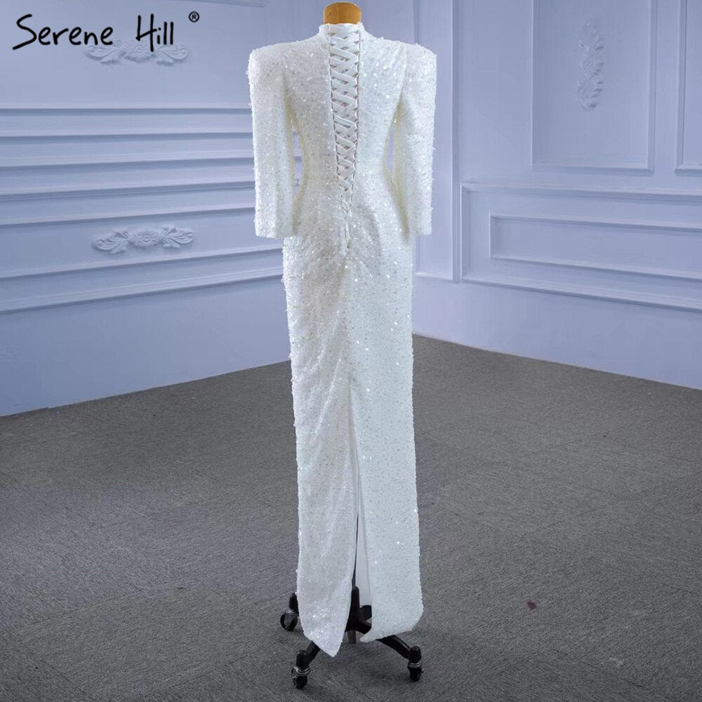 Luxury Elegant Beaded Muslim Mermaid Evening Dress for Women - White Formal Gown for Party, Wedding, Prom & Special Occasions - Serene Hill Collection HM67335