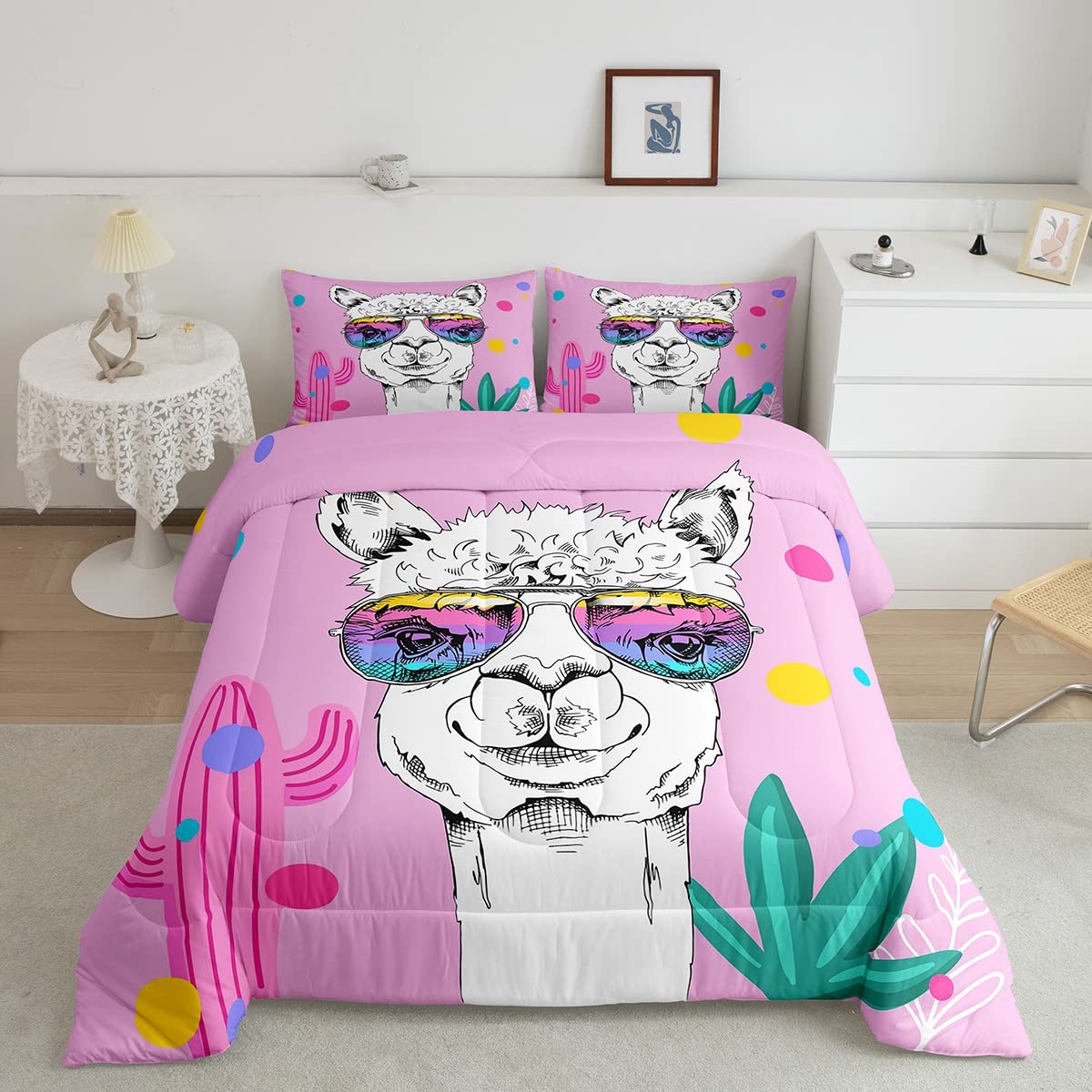 Alpaca Comforter Set Twin Size - Tropical Colorful Leaves Cactus Africa Animals Wildlife Bedding for Kids Bedroom Decor - Rainbow Sunglasses Cartoon Alpaca Hawaiian Summer Quilt 2Pcs - Perfect for Children's Room, Dorm, and Summer Themed Decorations
