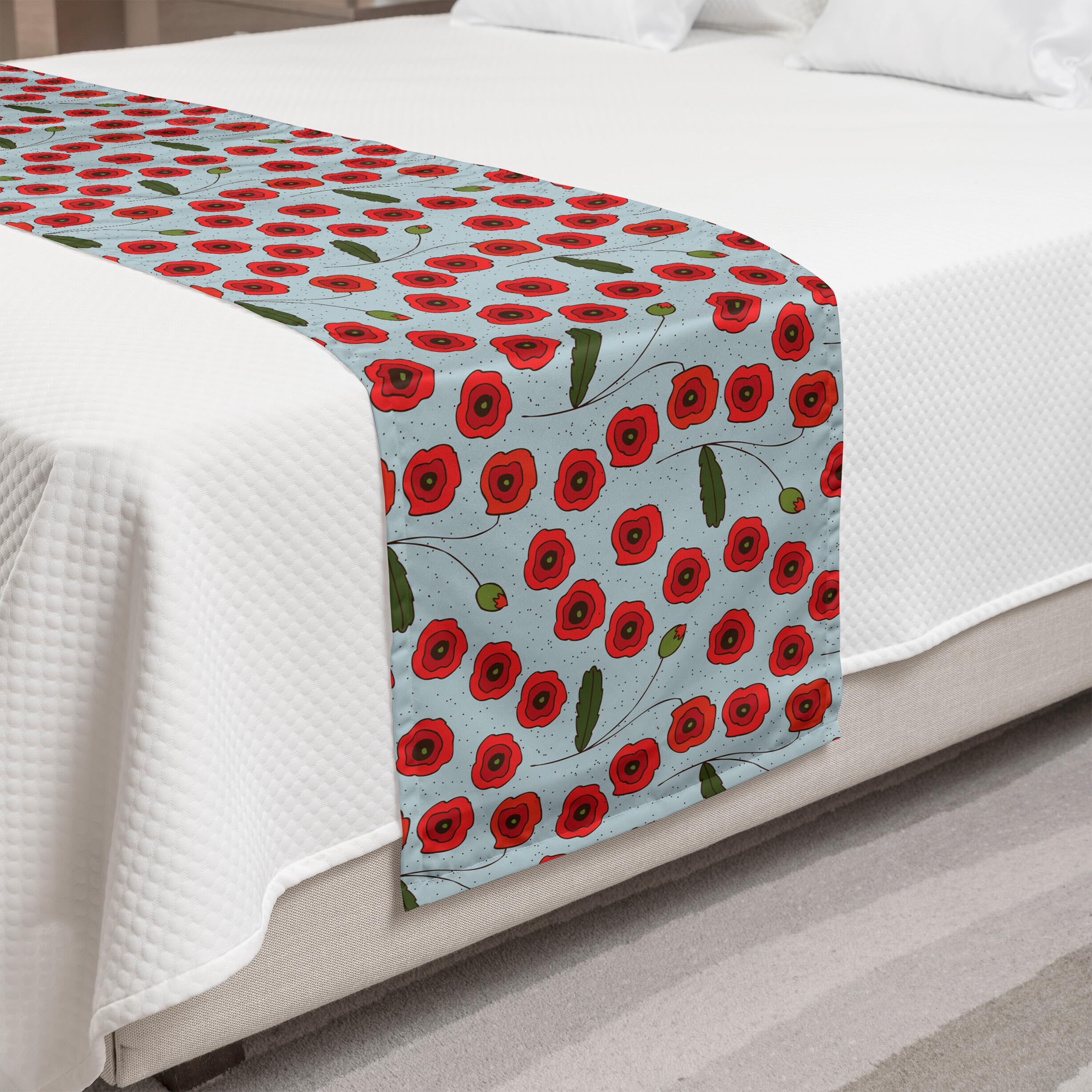 Ambesonne Floral Bed Runner - Poppy Flower & Buds Leaves Design, Decorative Accent Bedding Scarf for King Size Beds, Hotels, Homes & Guest Rooms in Vermilion & Pale Blue | Perfect for Bedroom Decor, Wedding Decorations & Luxury Home Styling