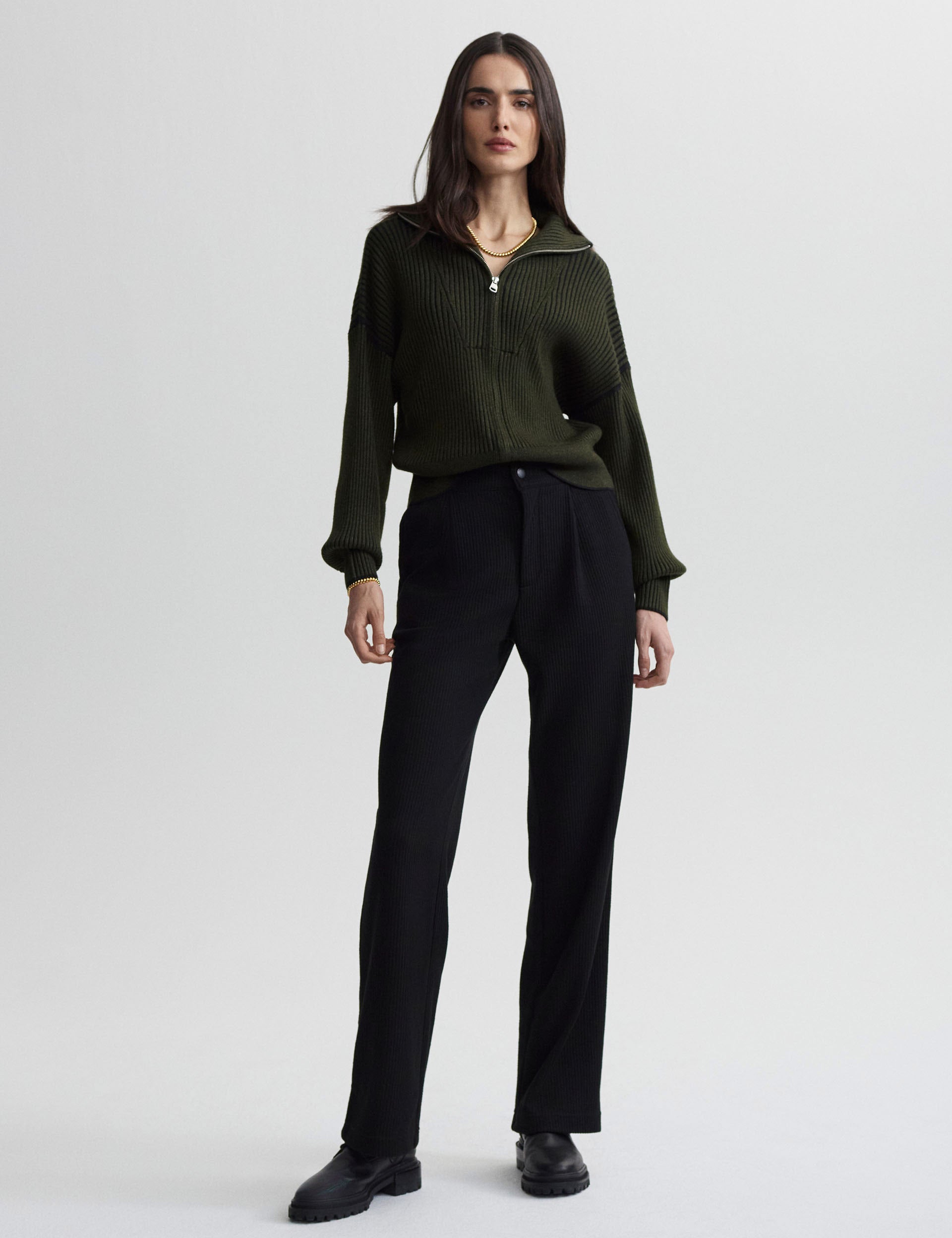 Carmen Zip Through Rib Knit Sweater - Dark Olive Green Women's Pullover for Casual Wear & Fall Fashion