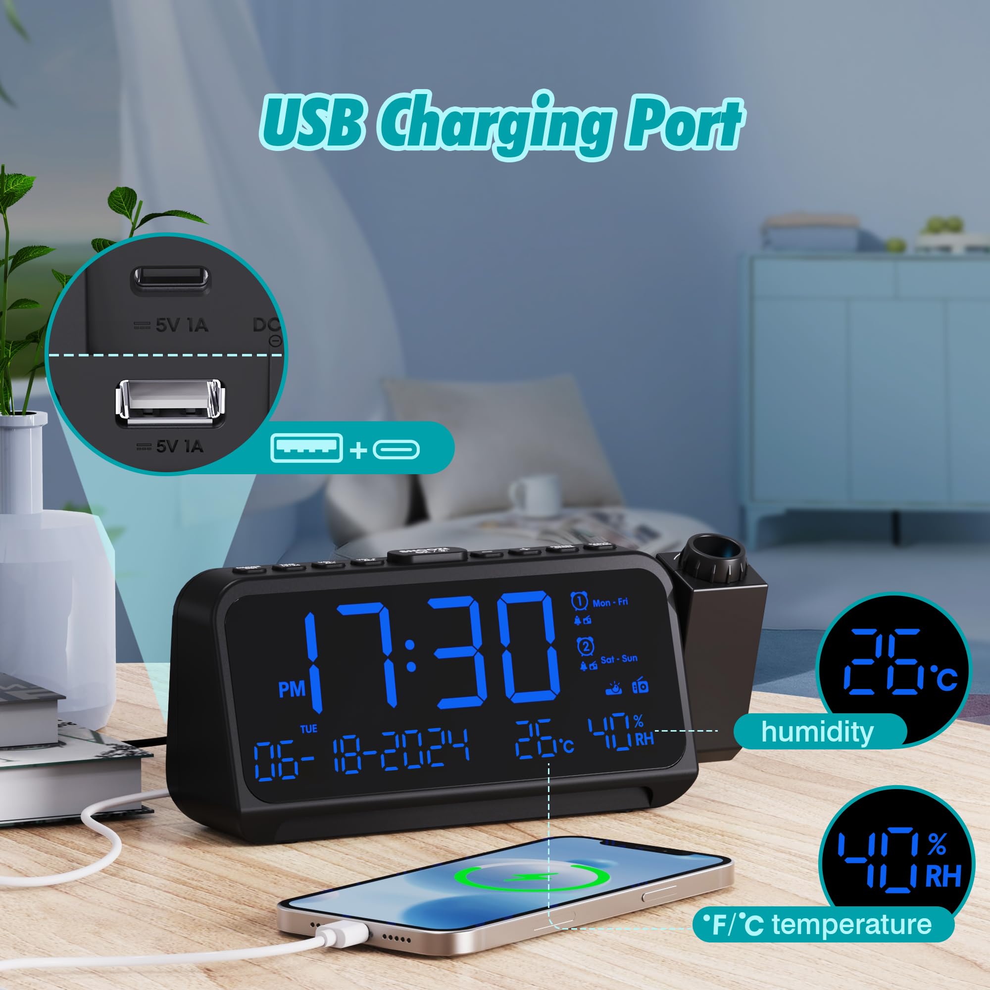 LED Projection Alarm Clock with FM Radio, Digital Clock with Dual Alarm, Adjustable Night Light, Temperature & Humidity Display, 5-Level Dimmer & USB-C Charging - Perfect for Bedroom, Office, and Travel Use