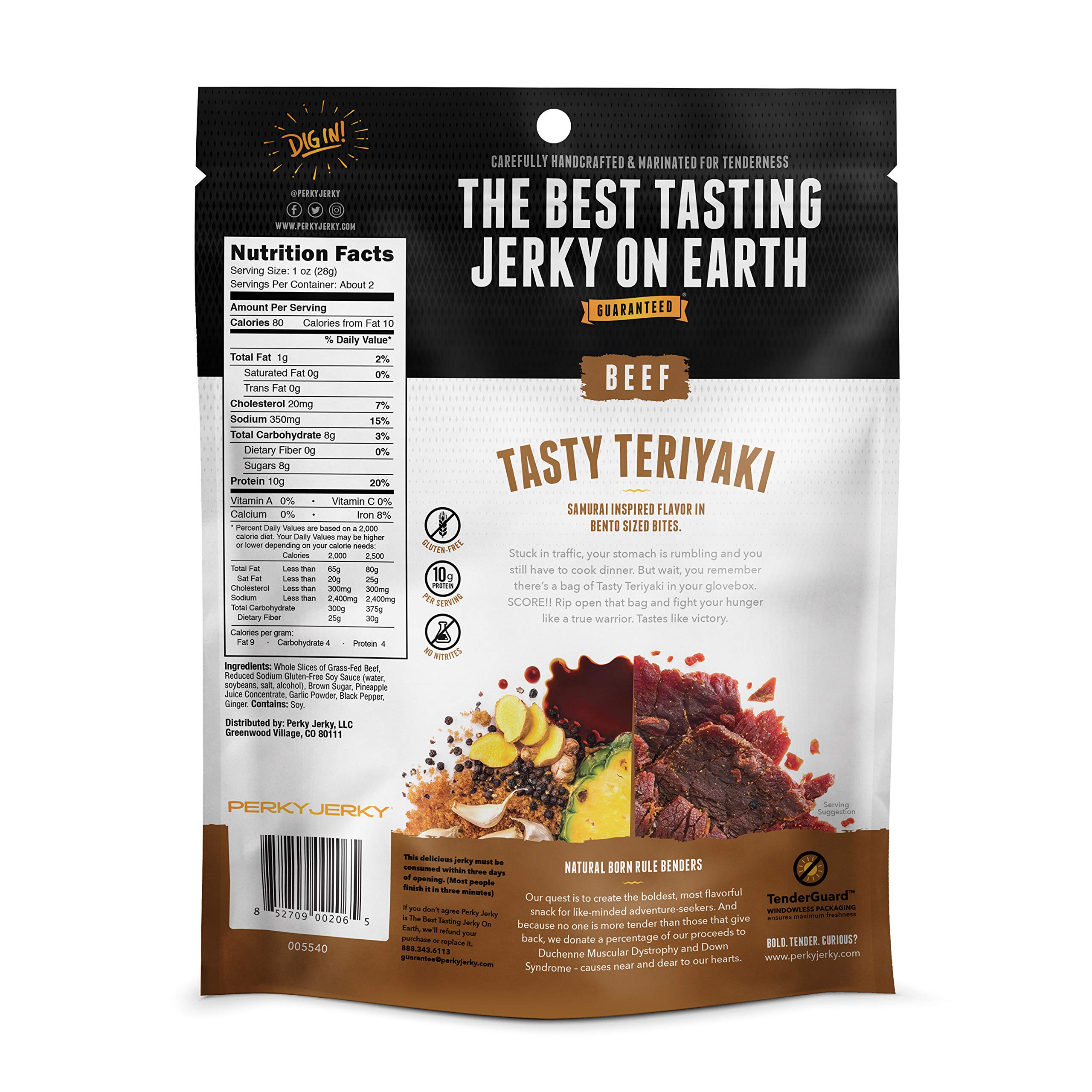 Perky Jerky Tasty Teriyaki 100% Grass Fed Beef Jerky - 2.2oz (Pack of 12) | Antibiotic Free, High Protein (10g per Serving), Low Fat, Tender Texture | Perfect for Hiking, Camping & Healthy Snacking