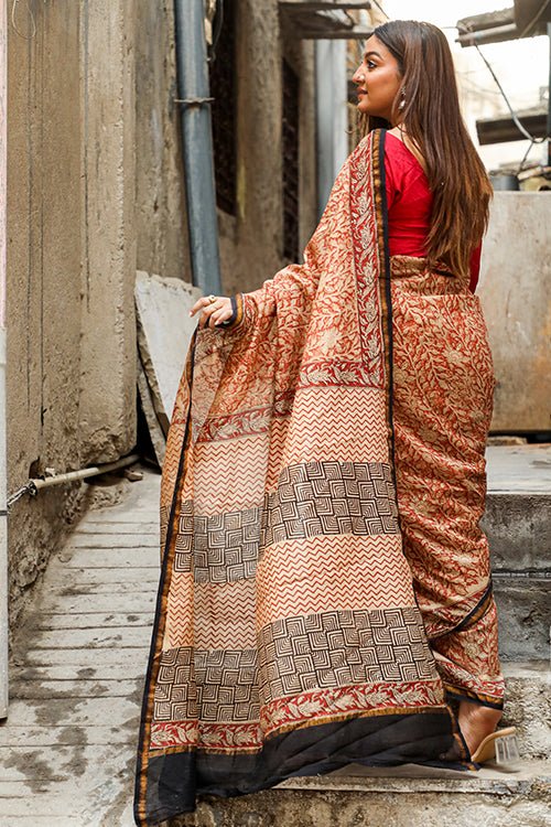 Handmade Sepia Bagru Handblock Print Chanderi Silk Saree – Traditional Indian Sari for Weddings, Festivals & Special Occasions