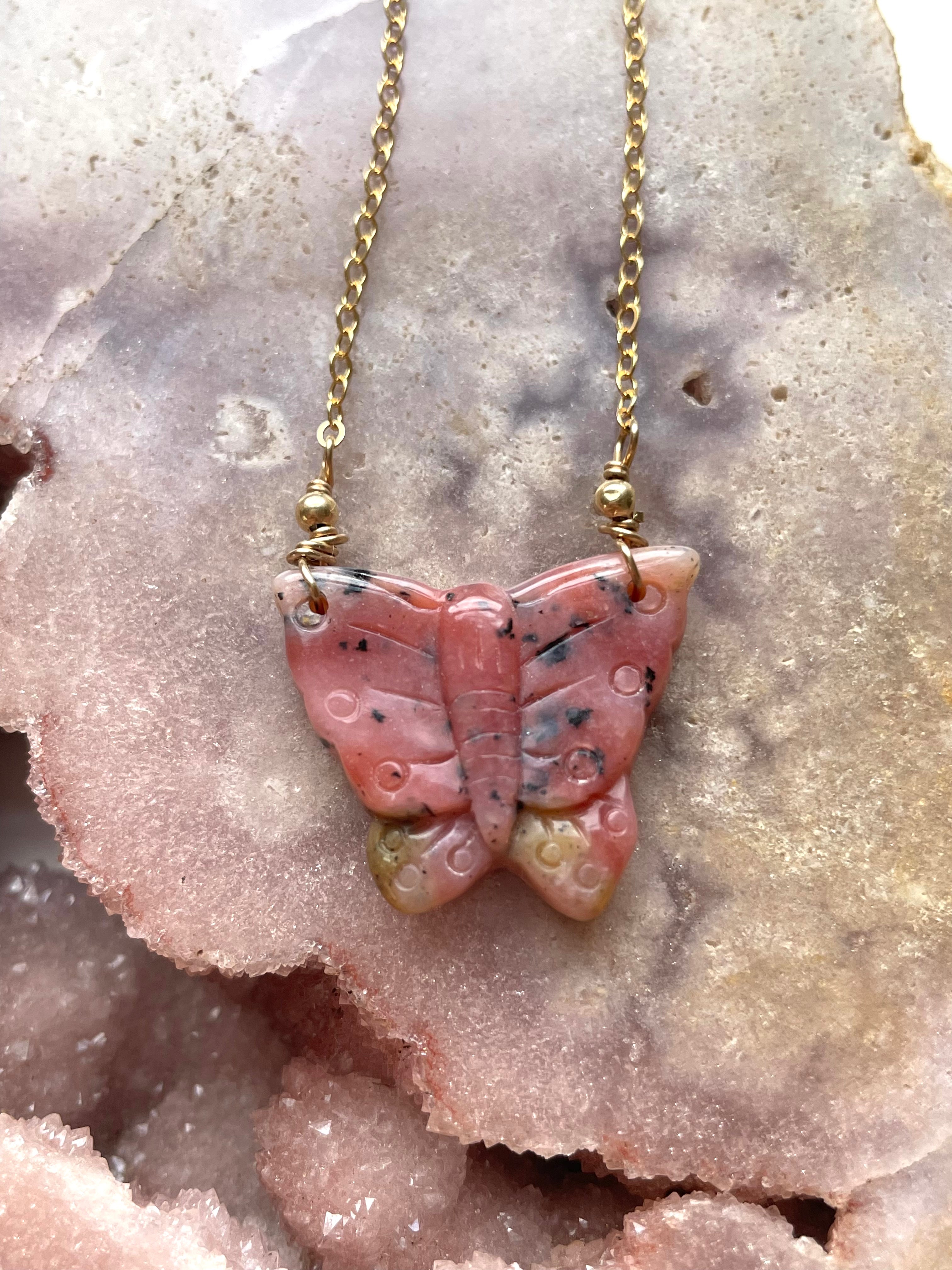 Pink Opal Butterfly Pendant Necklace - Dainty Gemstone Jewelry for Women, Elegant Gift for Birthday, Valentine's Day & Special Occasions