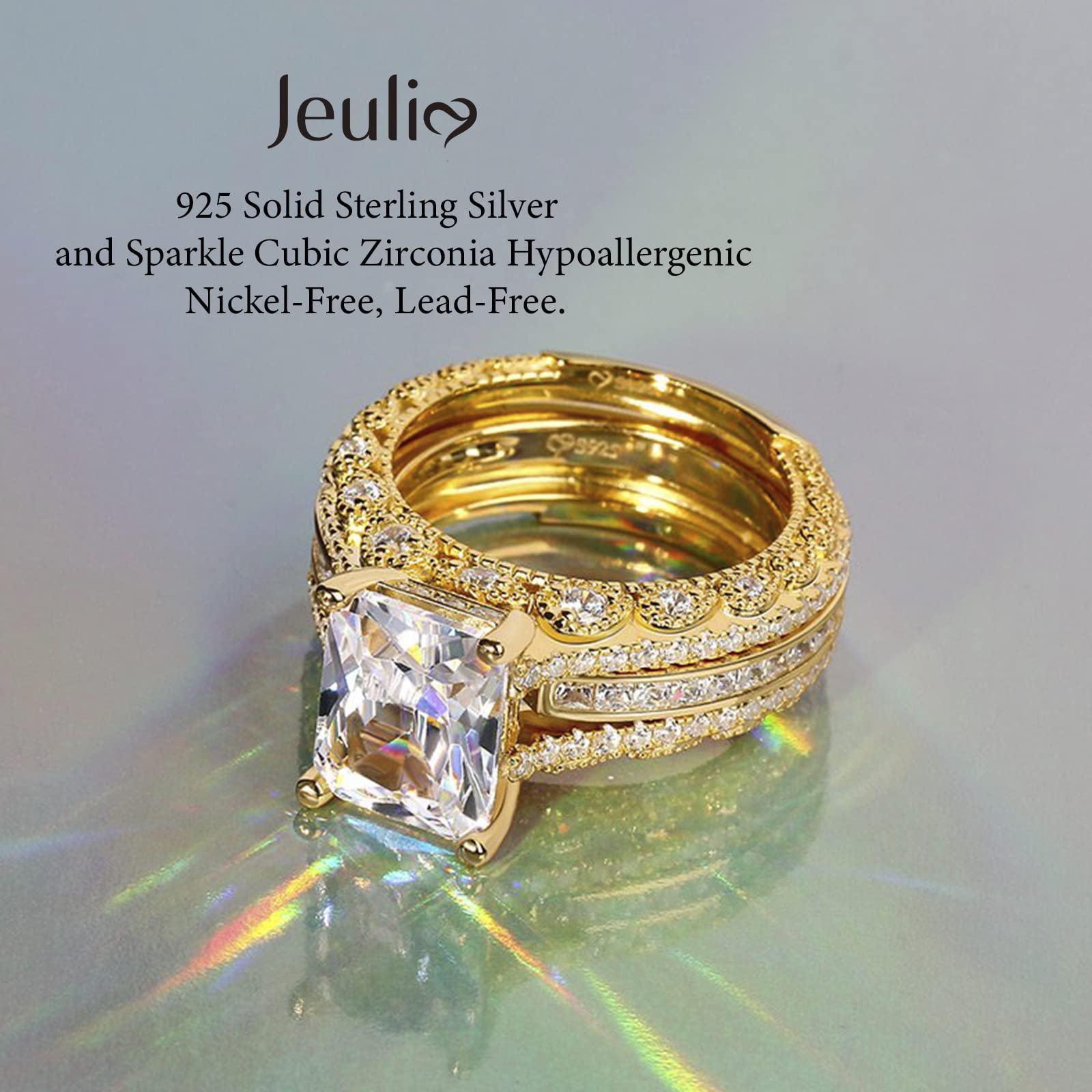 Jeulia 3PC CZ Diamond Engagement Ring Set - Radiant Cut Wedding Promise Anniversary Rings with Side Stones, Romantic Jewelry Gift for Women, Gift Box Included | Perfect for Proposals, Anniversaries & Special Occasions