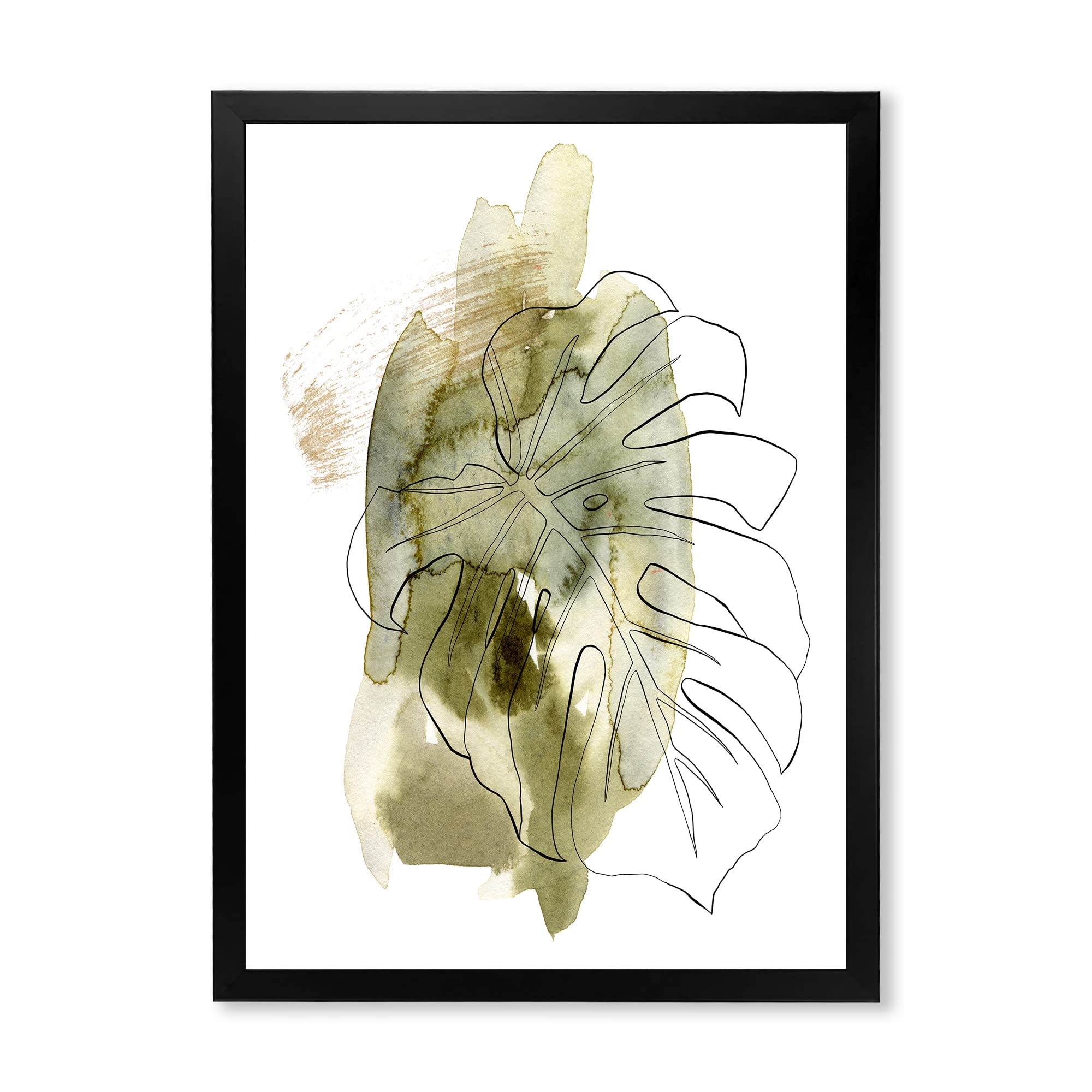 DesignQ Line Art Monstera Branch Tropical Abstract Leaves Framed Wall Art - Modern Home & Office Decor for Living Room, Bedroom, or Workspace