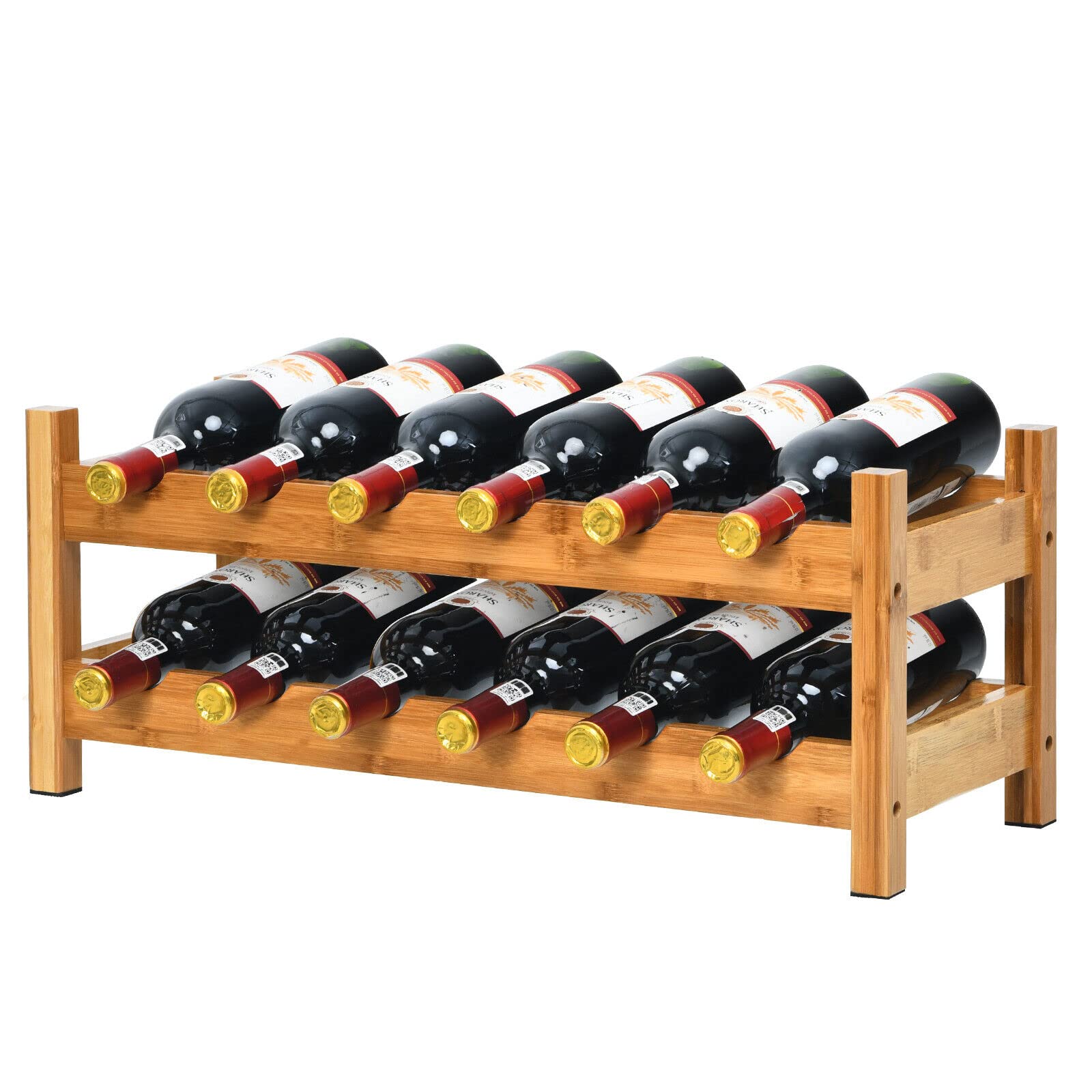 HAPPYGRILL 12-Bottle 2-Tier Bamboo Wine Rack - Freestanding Countertop Wine Storage Shelf for Bar, Kitchen, Home - Natural Wine Bottle Holder for Red, White & Sparkling Wines - Perfect for Dining Room, Wine Cellar & Entertaining Guests