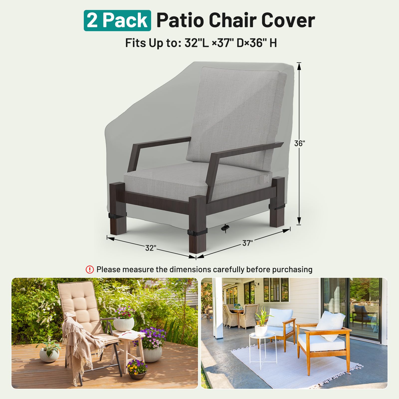 Premium Waterproof Outdoor Patio Chair Covers (2 Pack) - Heavy Duty Windproof Furniture Covers with Buckle Straps - 32