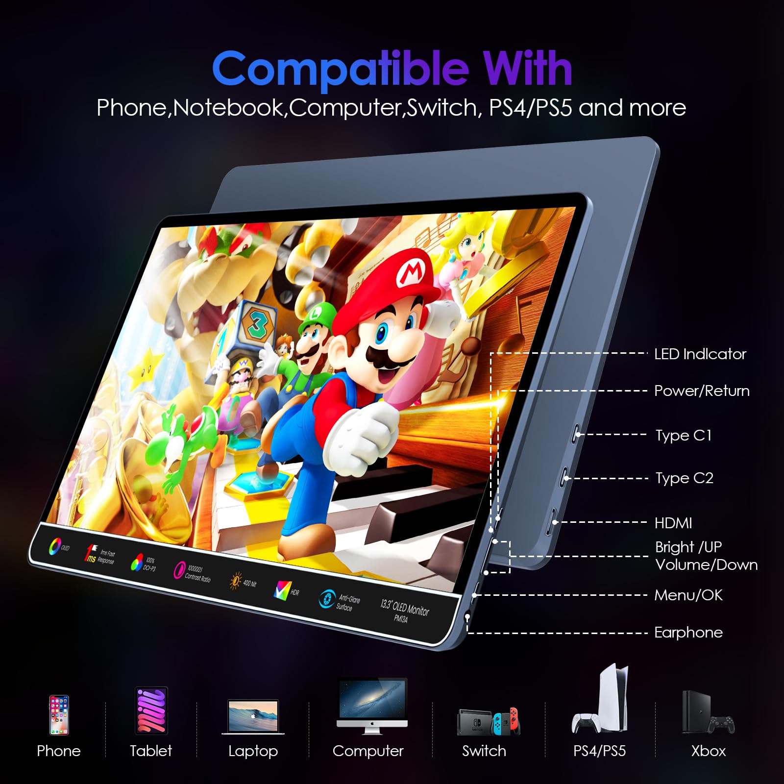 13.3inch OLED Portable Monitor for Laptop - Ultra Slim Anti-Glare 1080P FHD HDR USB-C HDMI External Display for Mac, PC, Phone, Switch, PS5, Xbox - Perfect for Gaming, Work & Travel