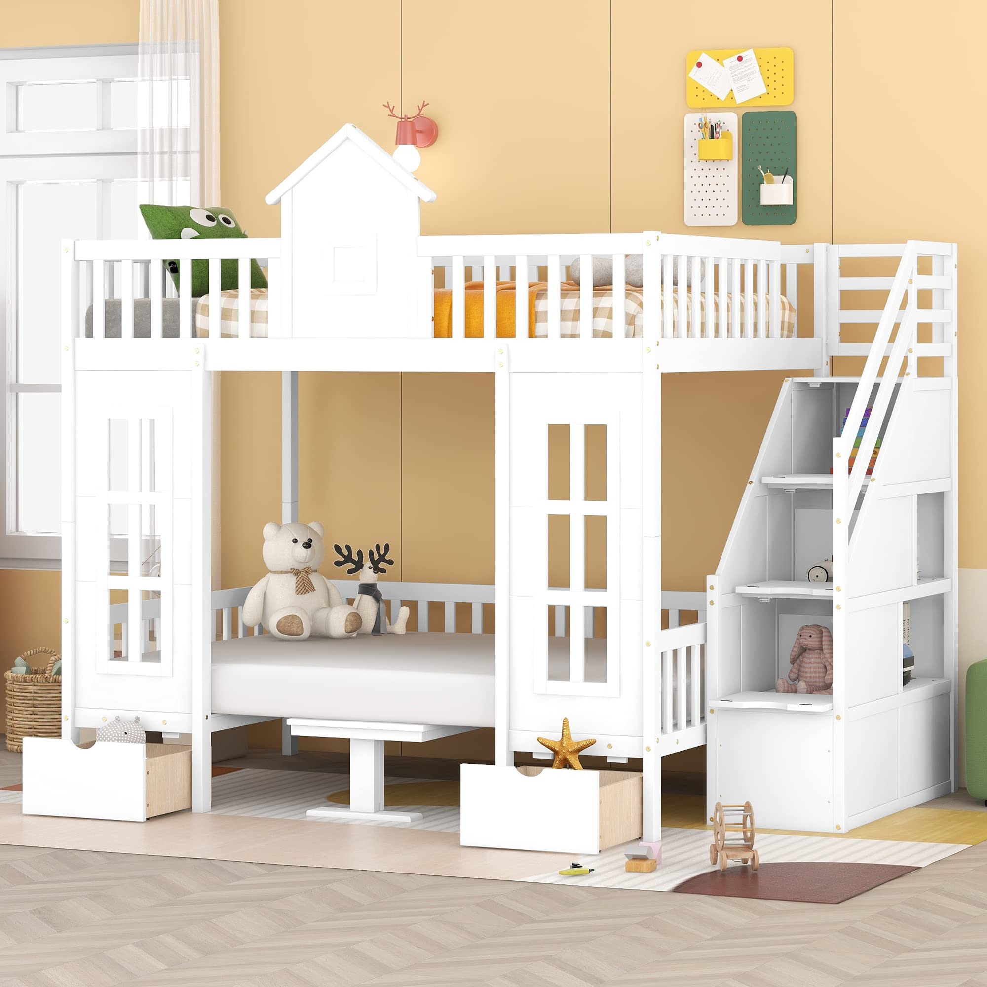 Solid Wood Full over Full Bunk Bed with Storage Staircase - Convertible Kids Bunk Bed Frame with Guardrail for Boys & Girls | Playhouse Design Twin Bunk Bed for Teens | Converts to Seating & Table Set (White) - Perfect for Small Bedrooms, Shared Kids Rooms & Space-Saving Solutions