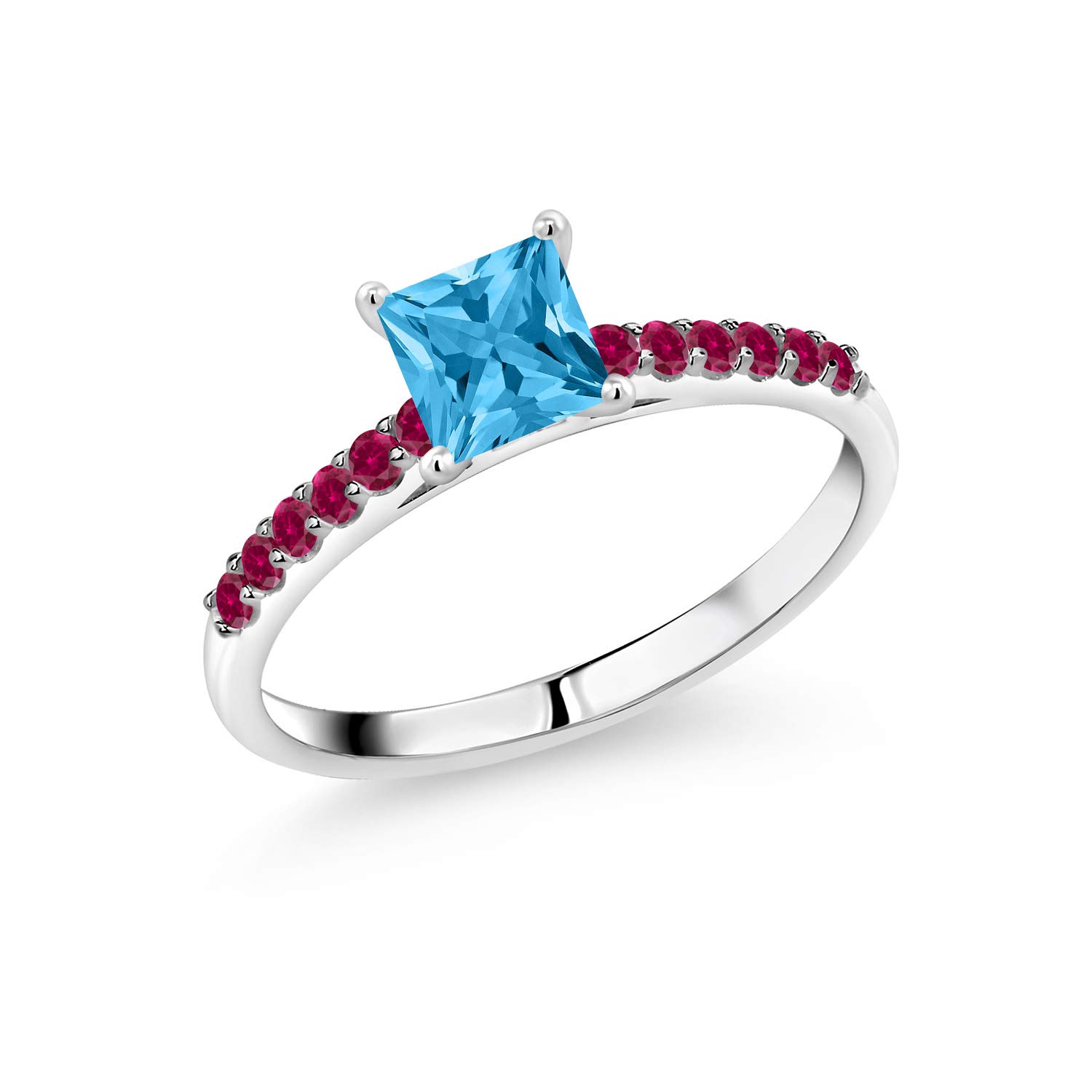 0.98 Ct Princess Cut Swiss Blue Topaz & Red Created Ruby 10K White Gold Ring for Women - Elegant Bridal, Anniversary, or Valentine's Day Gift