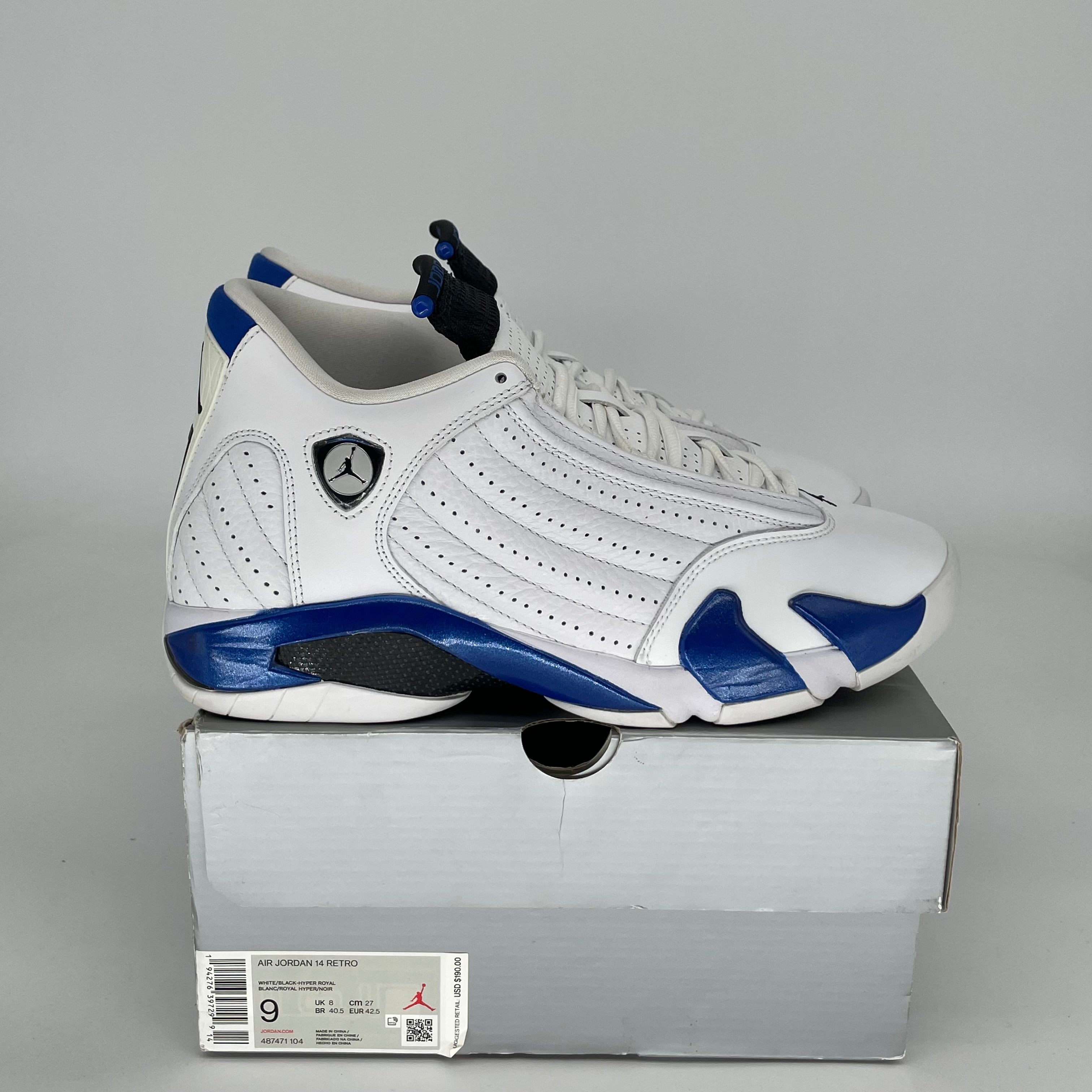 AIR JORDAN 14 Retro Sneakers - White Hyper Royal Size 9 (487471-104) - Men's Basketball Shoes for Court & Casual Wear