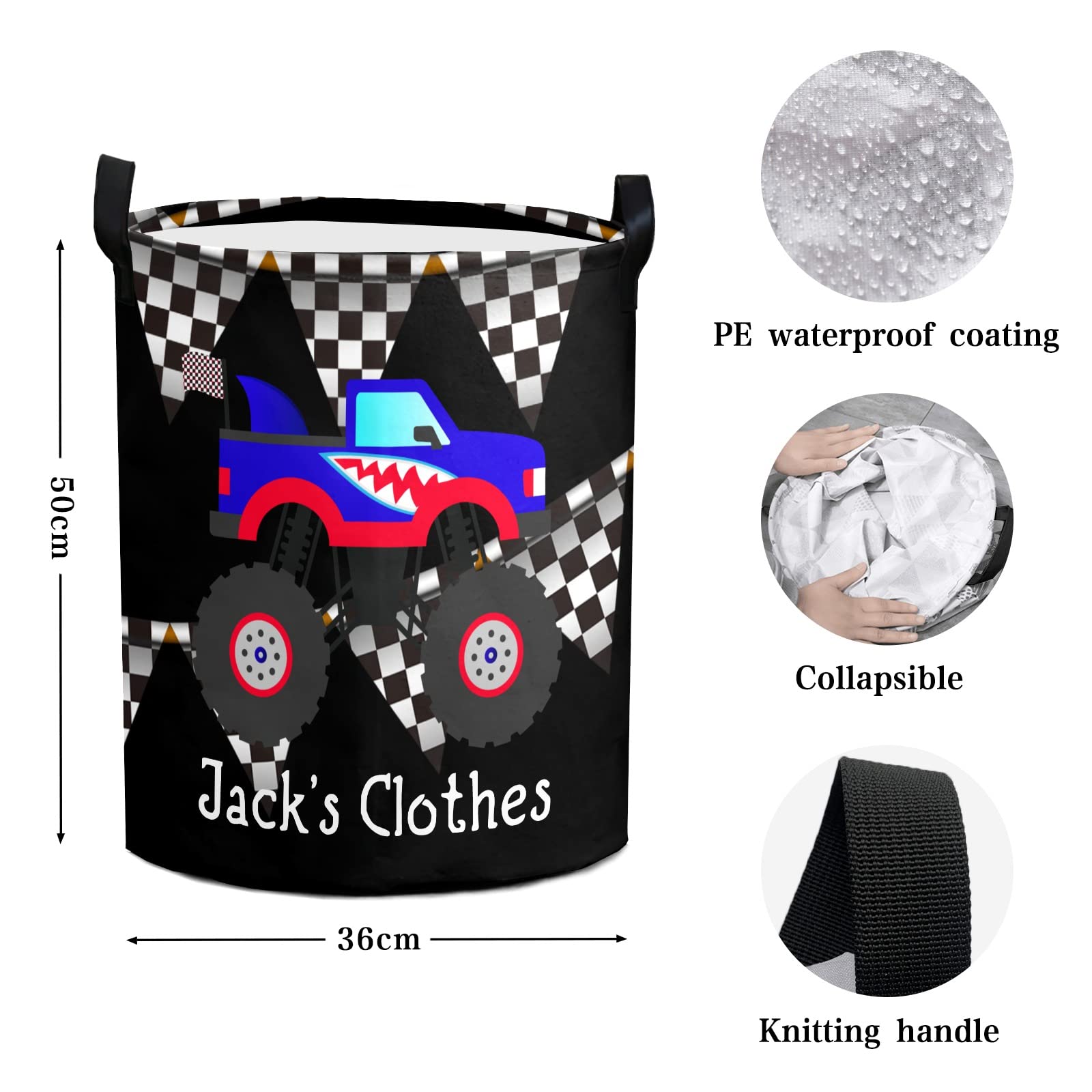 Custom Monster Truck Laundry Hamper - Waterproof Collapsible Drawstring Storage Basket with Handle for Clothes & Toys (50x36cm) | Perfect for Kids' Room, Nursery & Playroom Organization