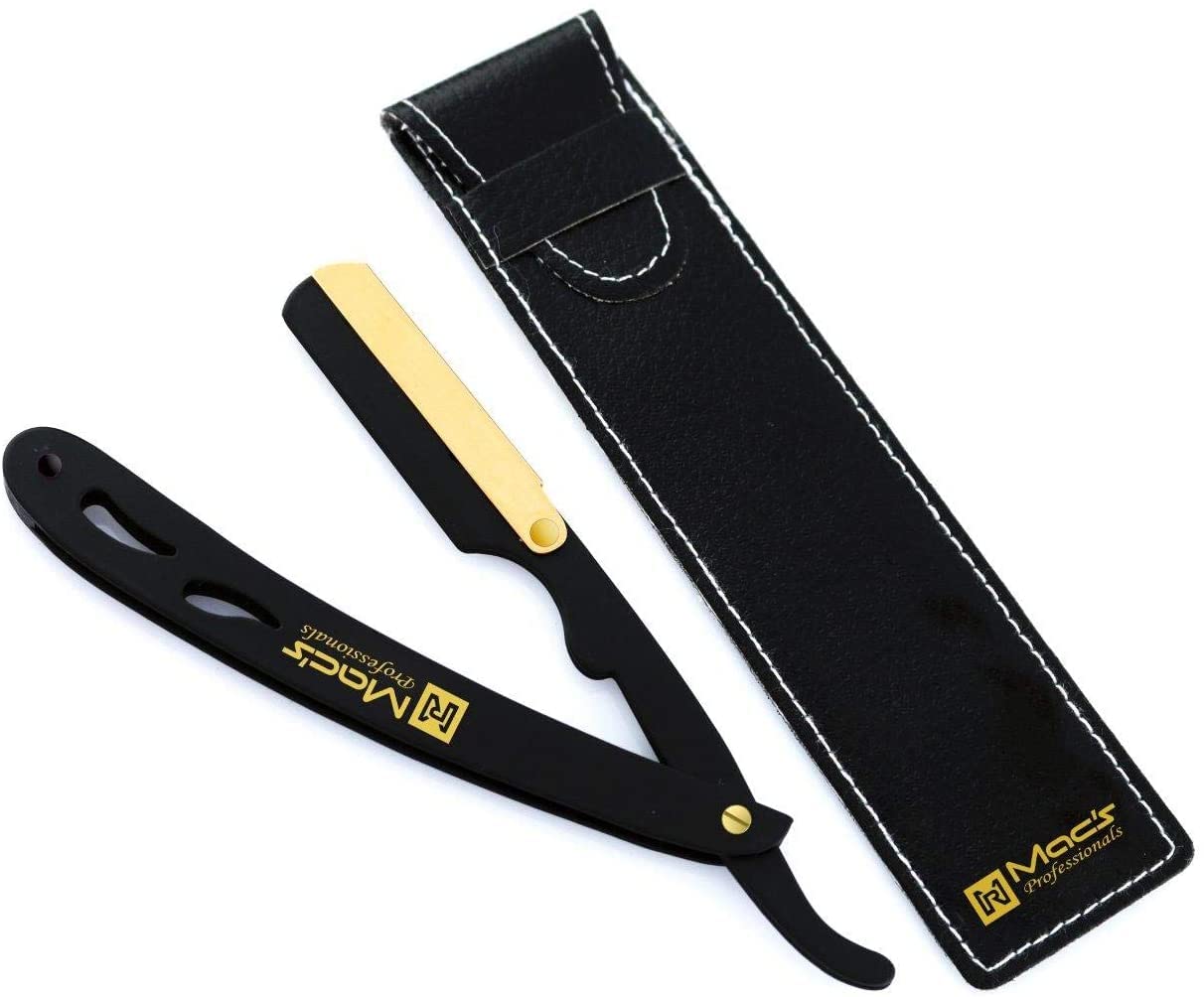 BLACK & GOLD Stainless Steel Barber Razor - Interchangeable Blade Straight Edge Safety Razor for Professional Shaving - Perfect for Barbershops, Home Grooming & Beard Trimming (Model: Macs-045B)
