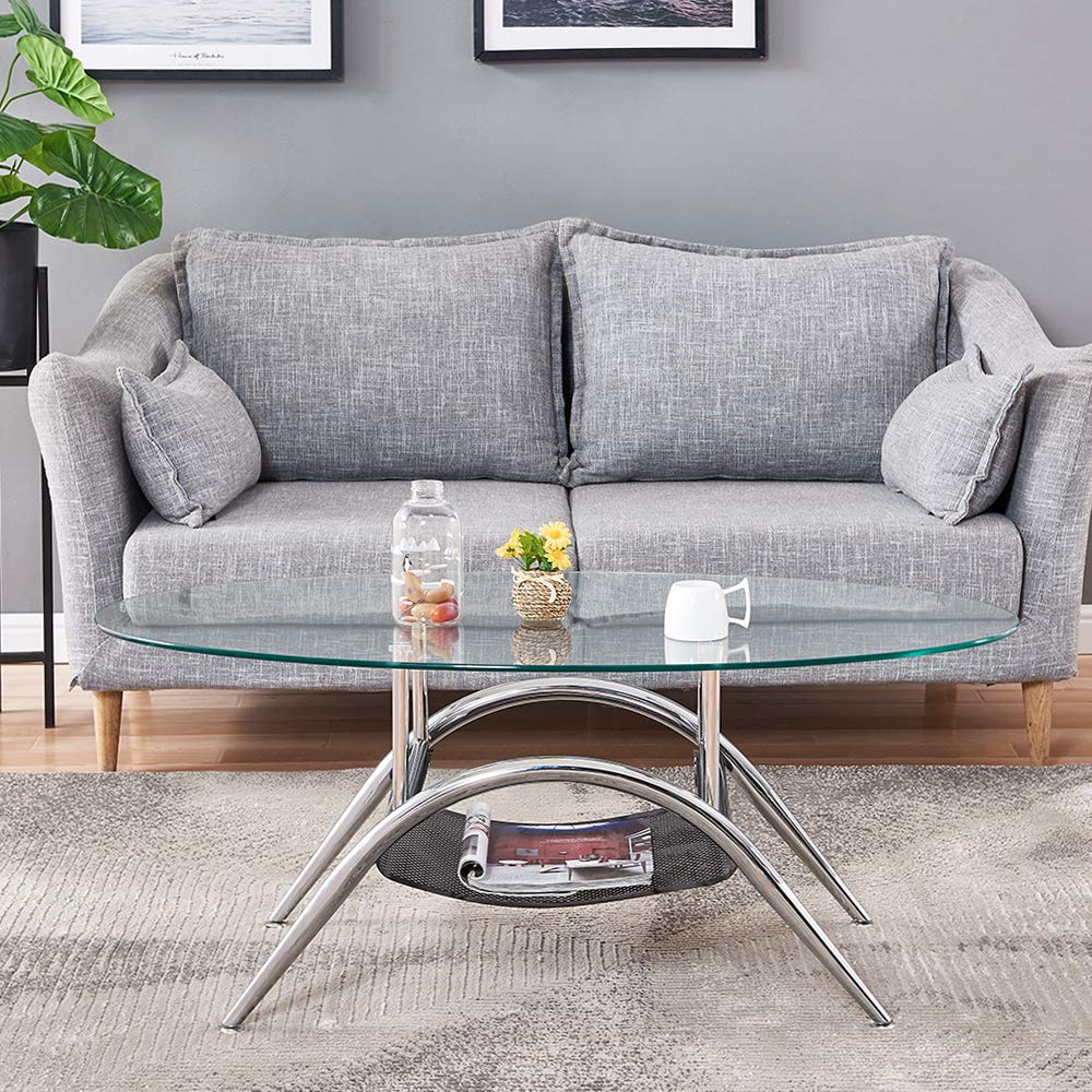 Modern Oval Coffee Table with Tempered Glass Top - Round Oval Center Table for Living Room, Bedroom & Lounge - Perfect for Sofa Side, Cocktail Parties & Home Decor