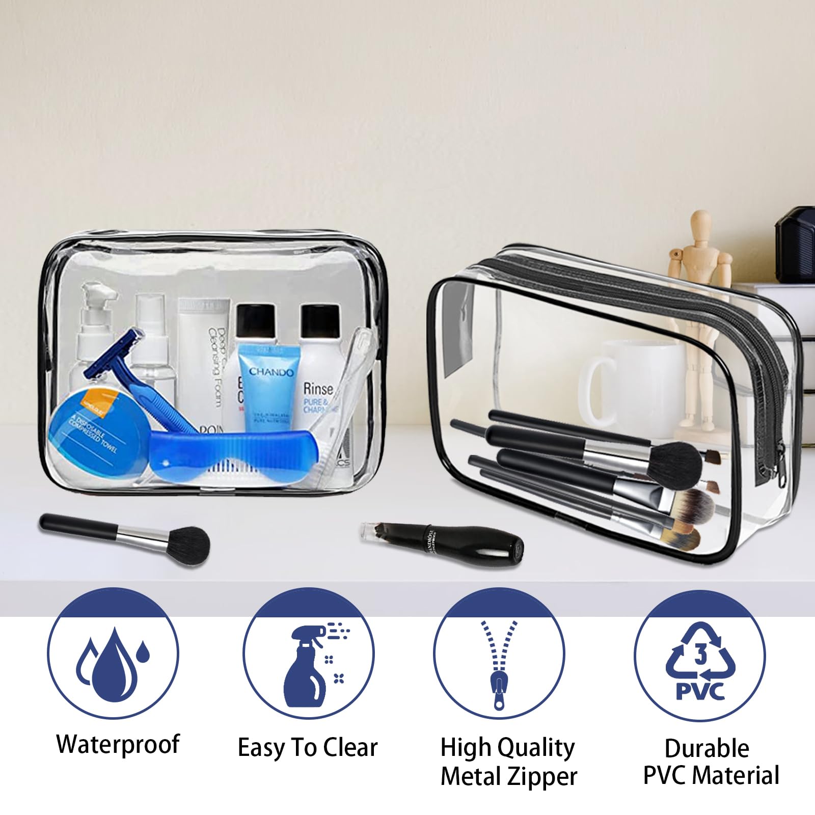 16-Piece Clear Makeup Bags Bulk Set - TSA Approved Waterproof Toiletry Travel Organizer | PVC Zippered Cosmetic Pouches for Men & Women | Perfect for Carry-On Essentials, Air Travel & Daily Organization (Black)