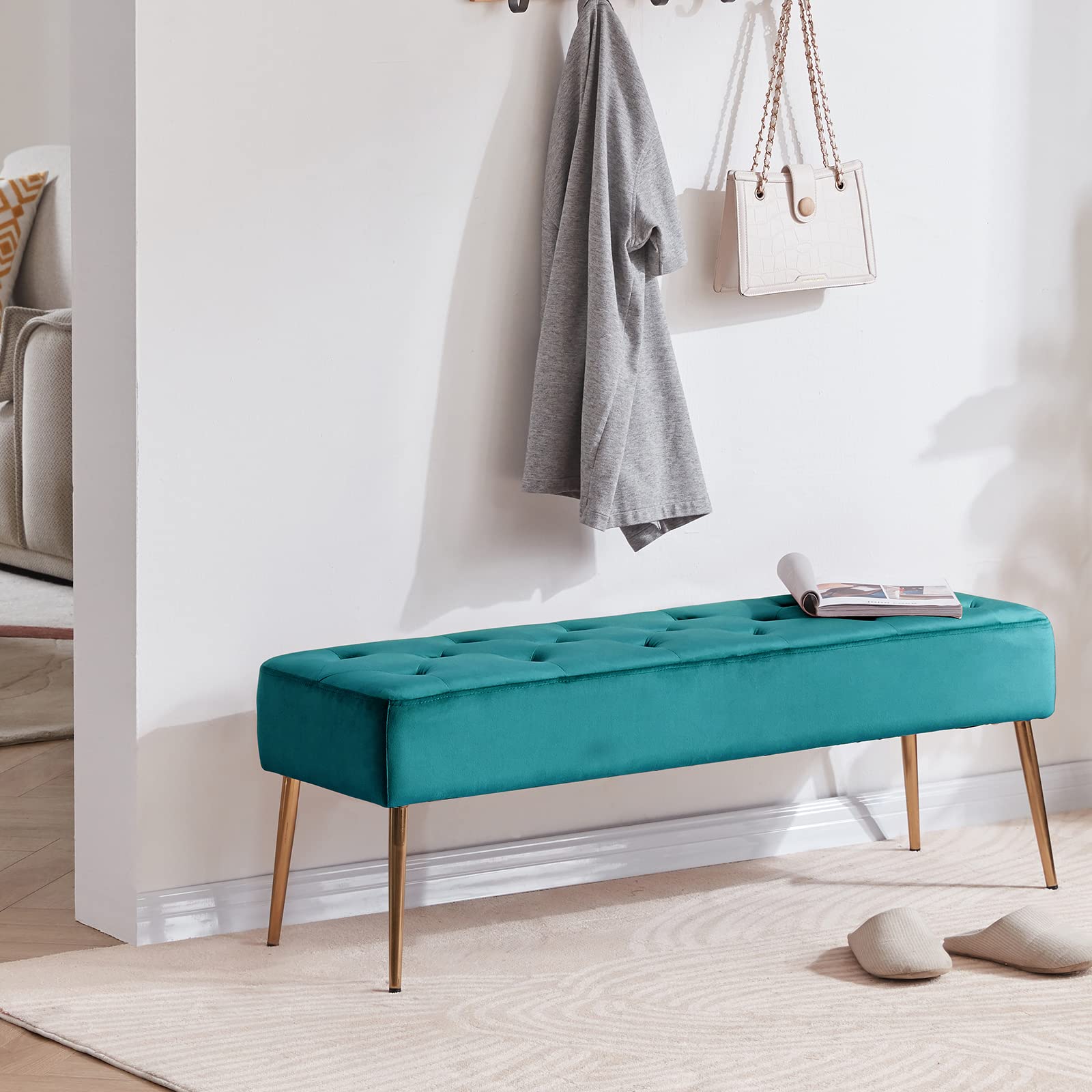 DUHOME Modern Velvet Bench Ottoman - Upholstered Button-Tufted Footrest Stool with Gold Metal Base | Multi-Functional Seat for Entryway, Living Room, Bedroom & Dining Room | Perfect as Bed End Bench, Coffee Table or Accent Furniture (Atrovirens)