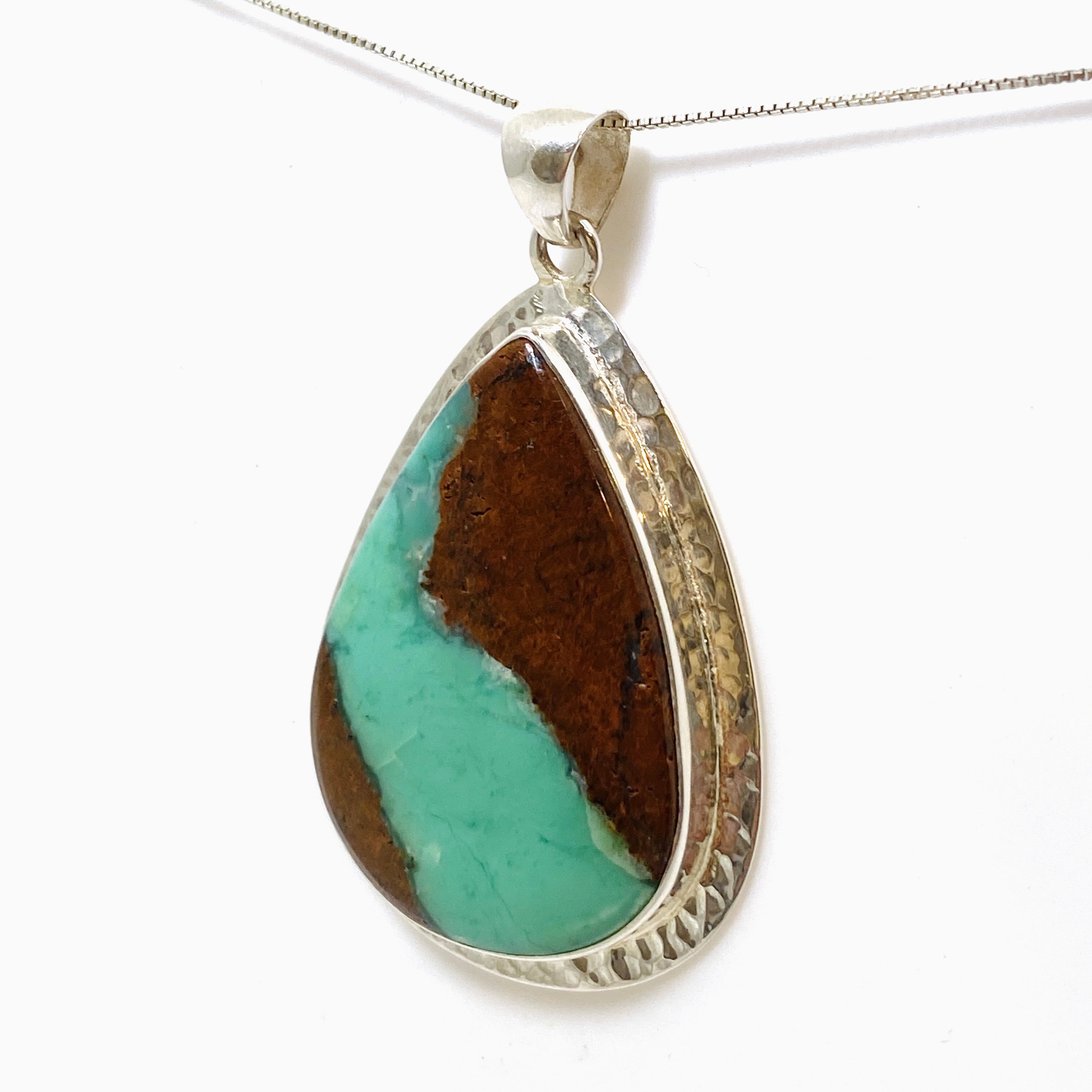 Natural Chrysoprase Teardrop Cabochon Pendant in Handcrafted Hammered Silver Setting KPGJ4714 | Elegant Jewelry Gift for Women, Perfect for Weddings & Special Occasions