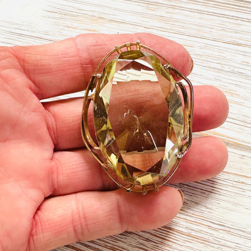 Vintage Gold-Tone Pendant Pin & Scarf Slide with 117 Carat Lemon Citrine Gemstone - Elegant Jewelry for Women, Perfect for Dresses, Scarves & Special Occasions