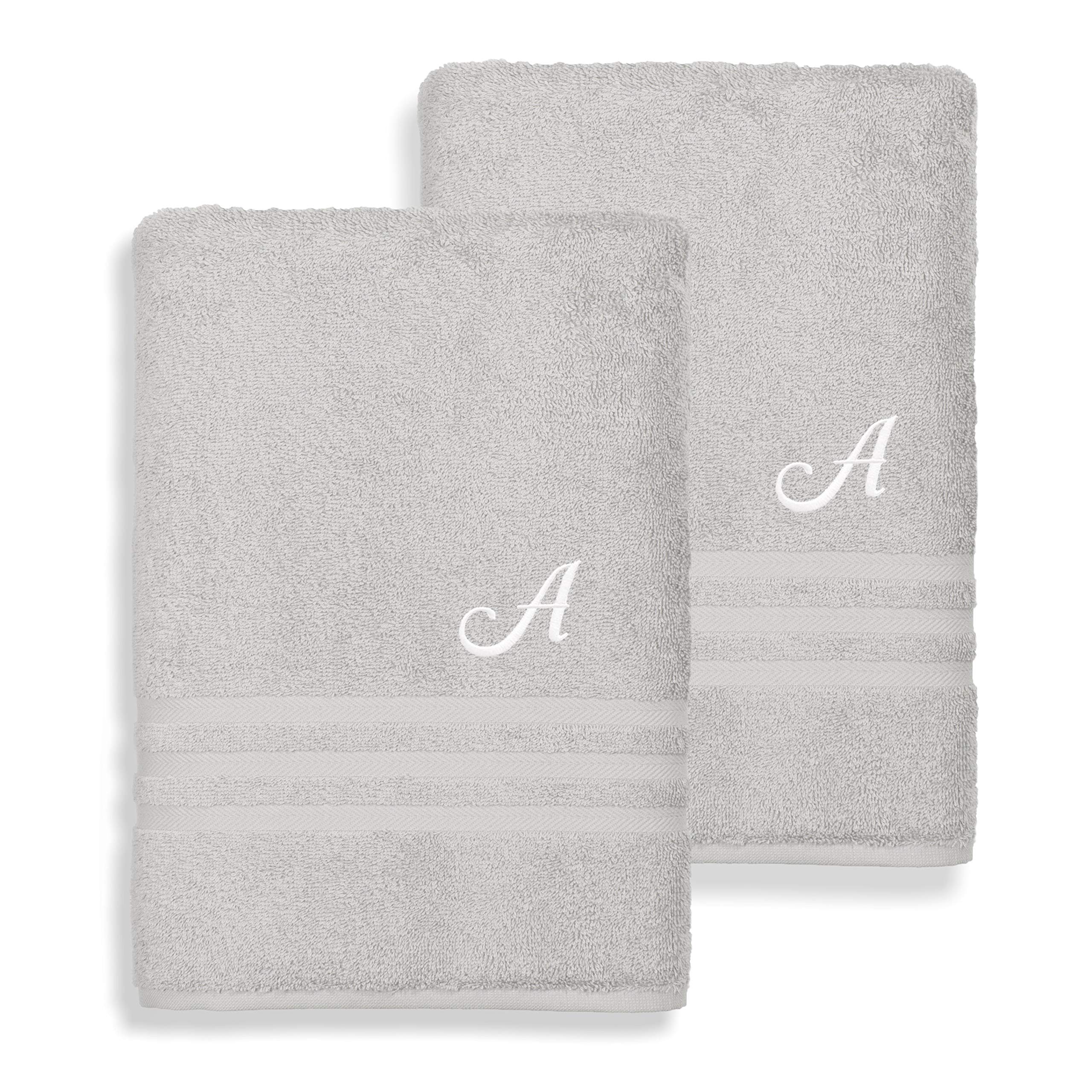 Premium Omni Turkish Cotton Bath Towels Set of 2 - Ultra Soft & Absorbent Grey Towels with Elegant White Monogram Initials (Grey/White) - Perfect for Spa, Bathroom Luxury & Guest Towels