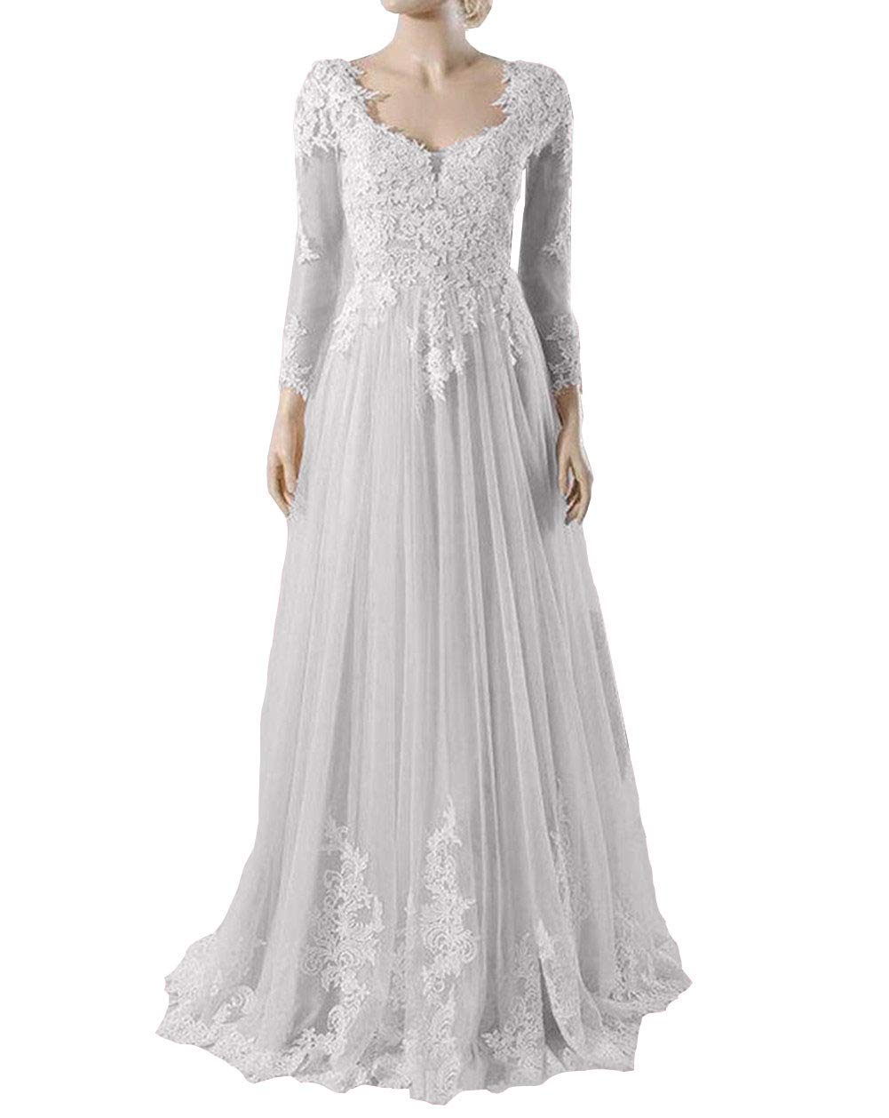 Elegant A-Line Lace Tulle Wedding Dress with Button Back & Long Sleeves - Perfect for Bridal Ceremonies, Vow Renewals & Formal Events